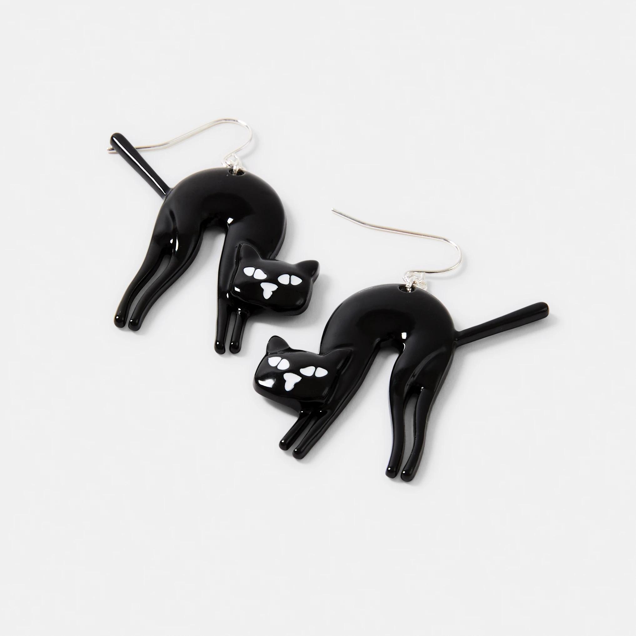 2 Halloween Cat Earrings - Black and Silver Tone Black, 2 of 4