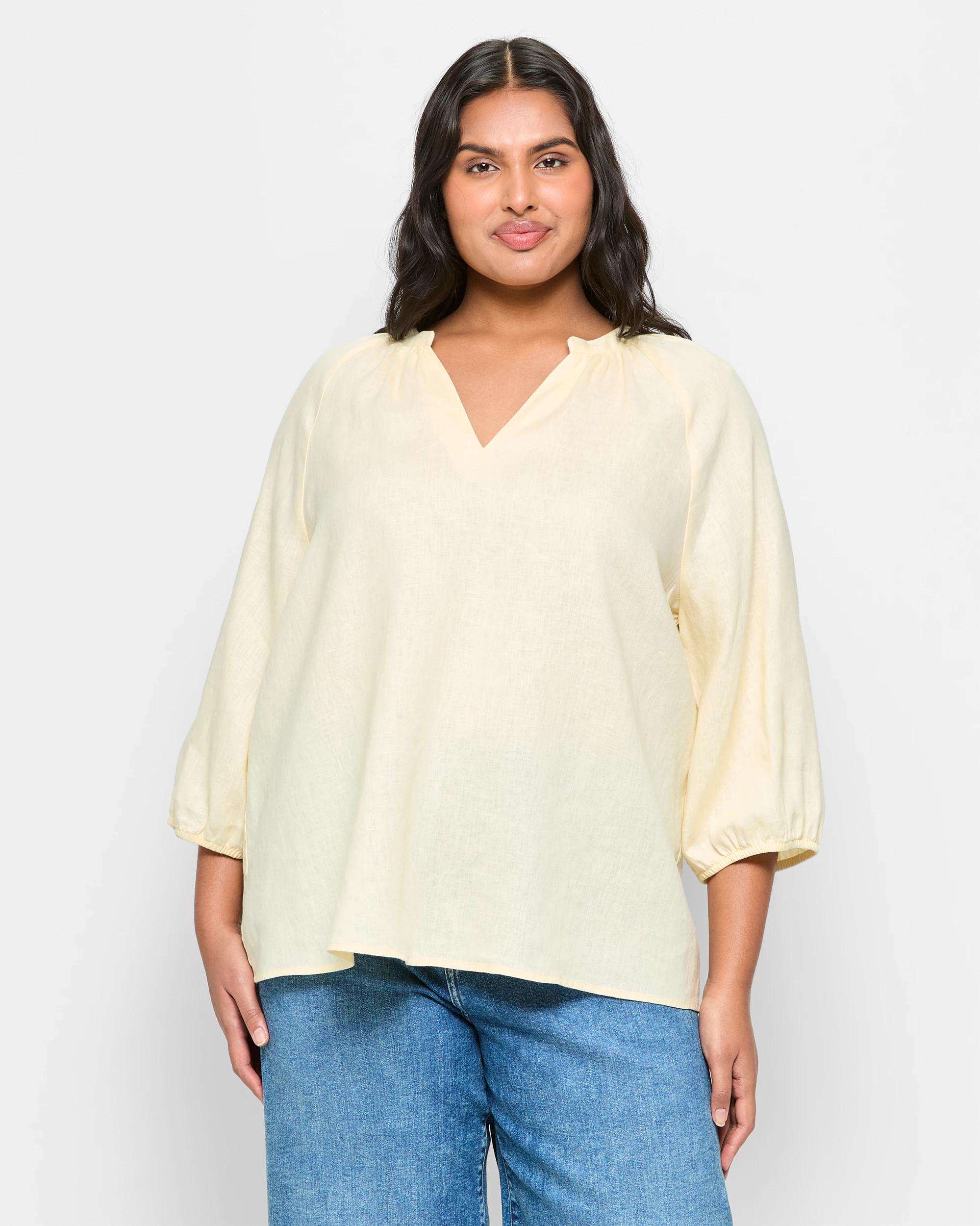 1 Target Curve Plus-size European Linen Popover Blouse — Soft Butter Yellow (size 16+) SOFT BUTTER, 1 of 5