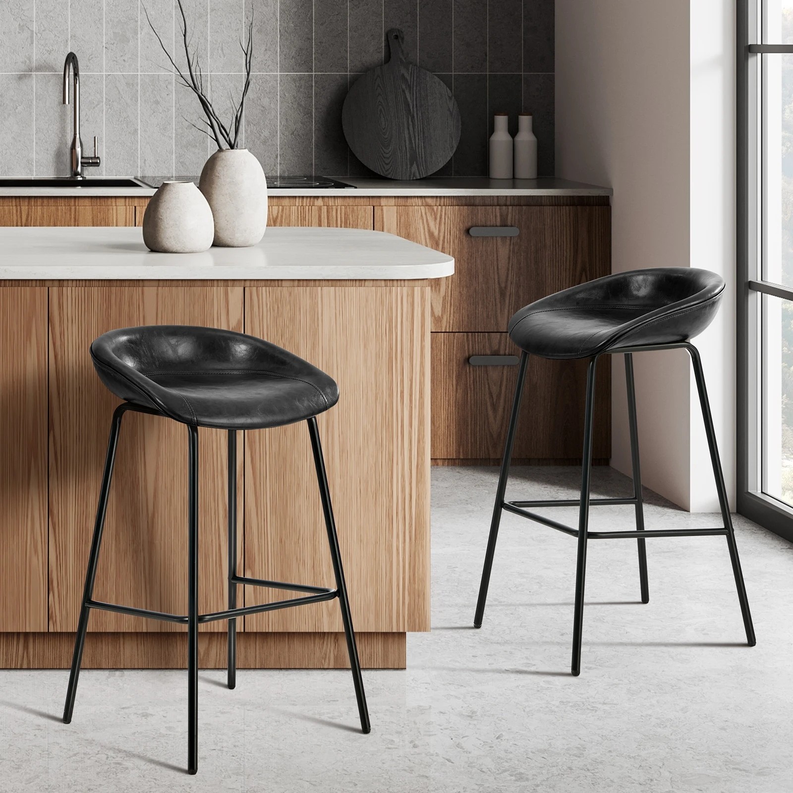 3 Oikiture 2x Bar Stools Barstool PU Leather - Black, 3 of 9
