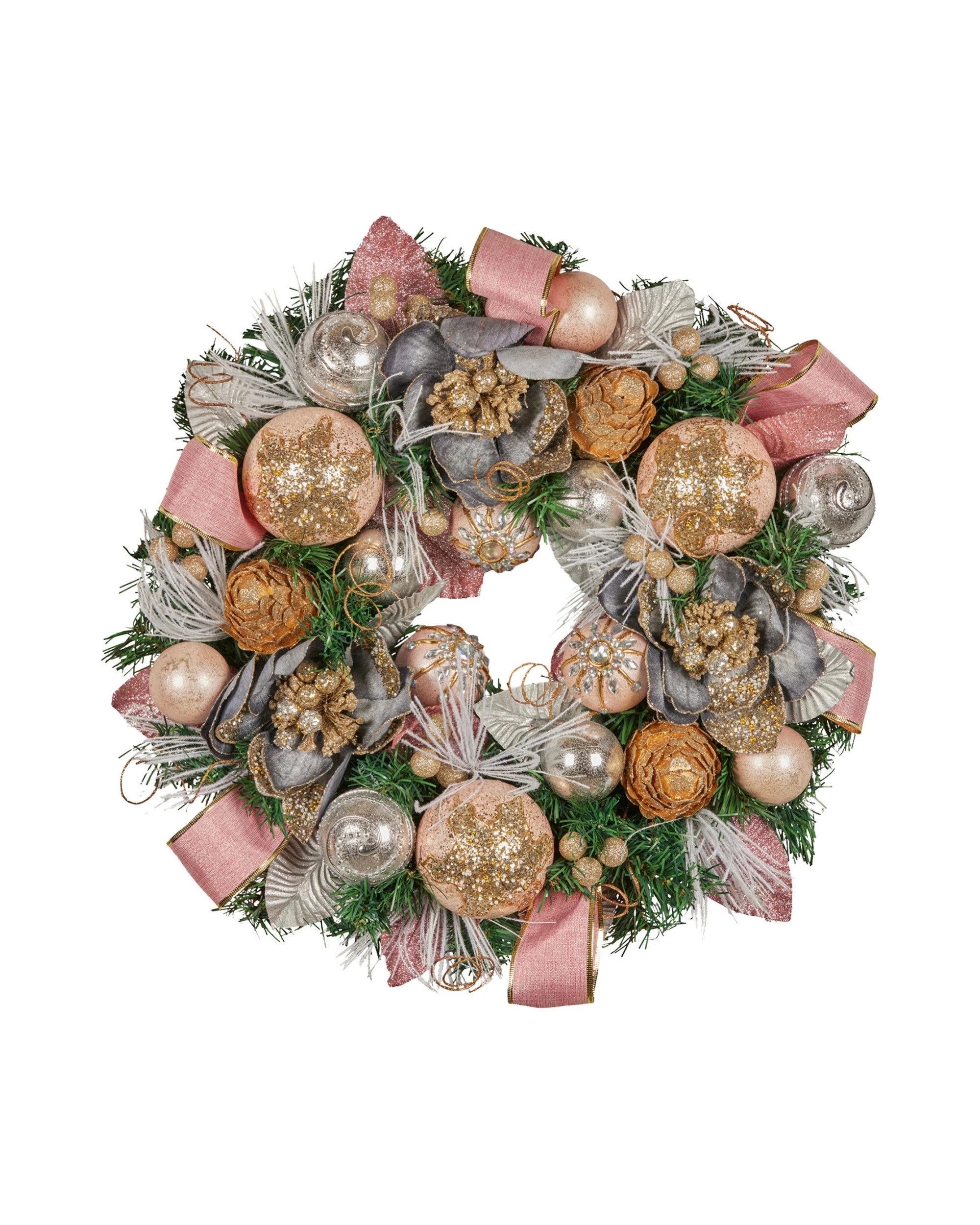 1 Christabelle 56cm Christmas Wreath Lush Pink Front Door Decoration Jewelled Baubles Flowers Pine Cones Ribbons, 1 of 8