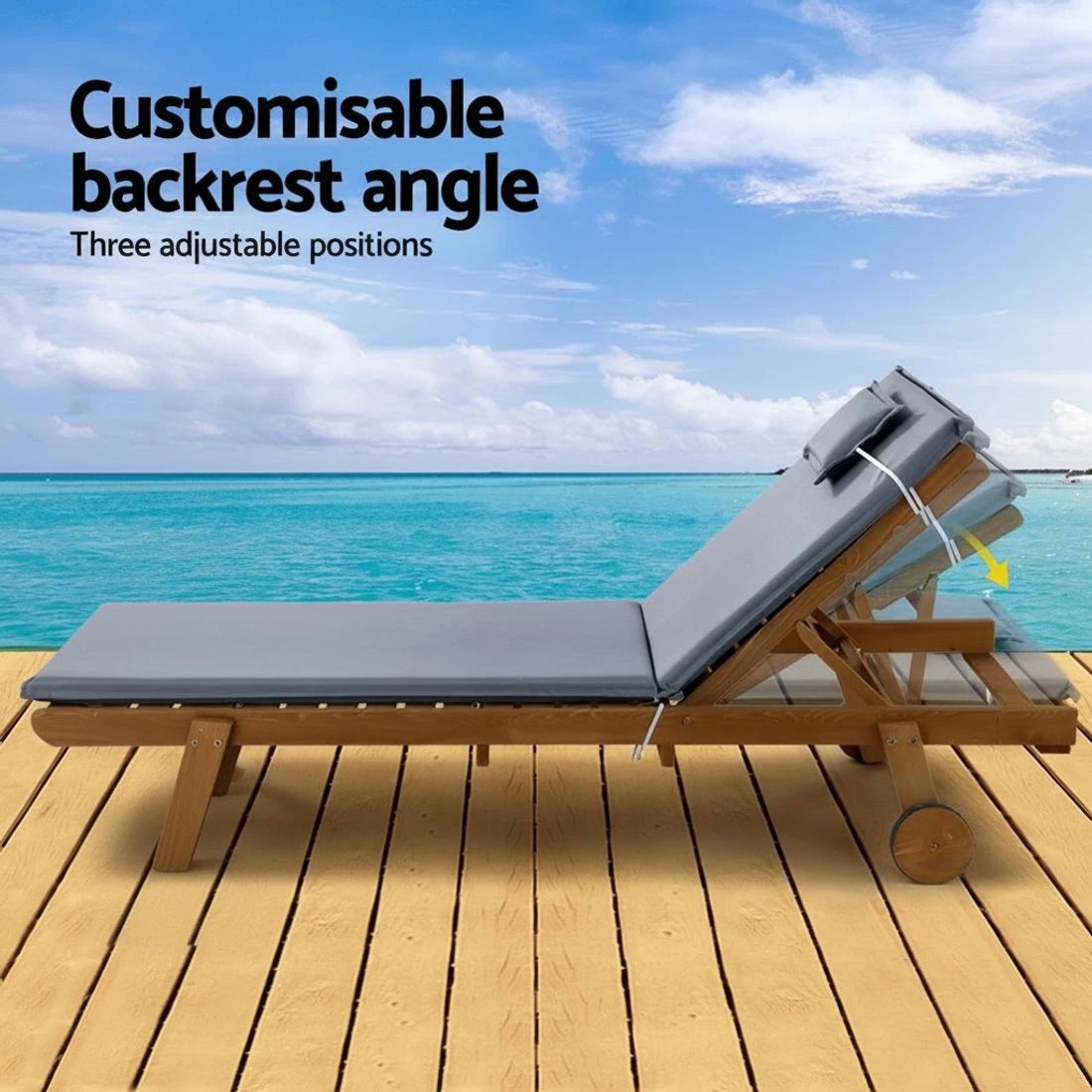 4 Gardeon 2x Sun Lounge Wooden Lounger Outdoor Furniture Day Bed Wheel Patio - Grey, 4 of 5