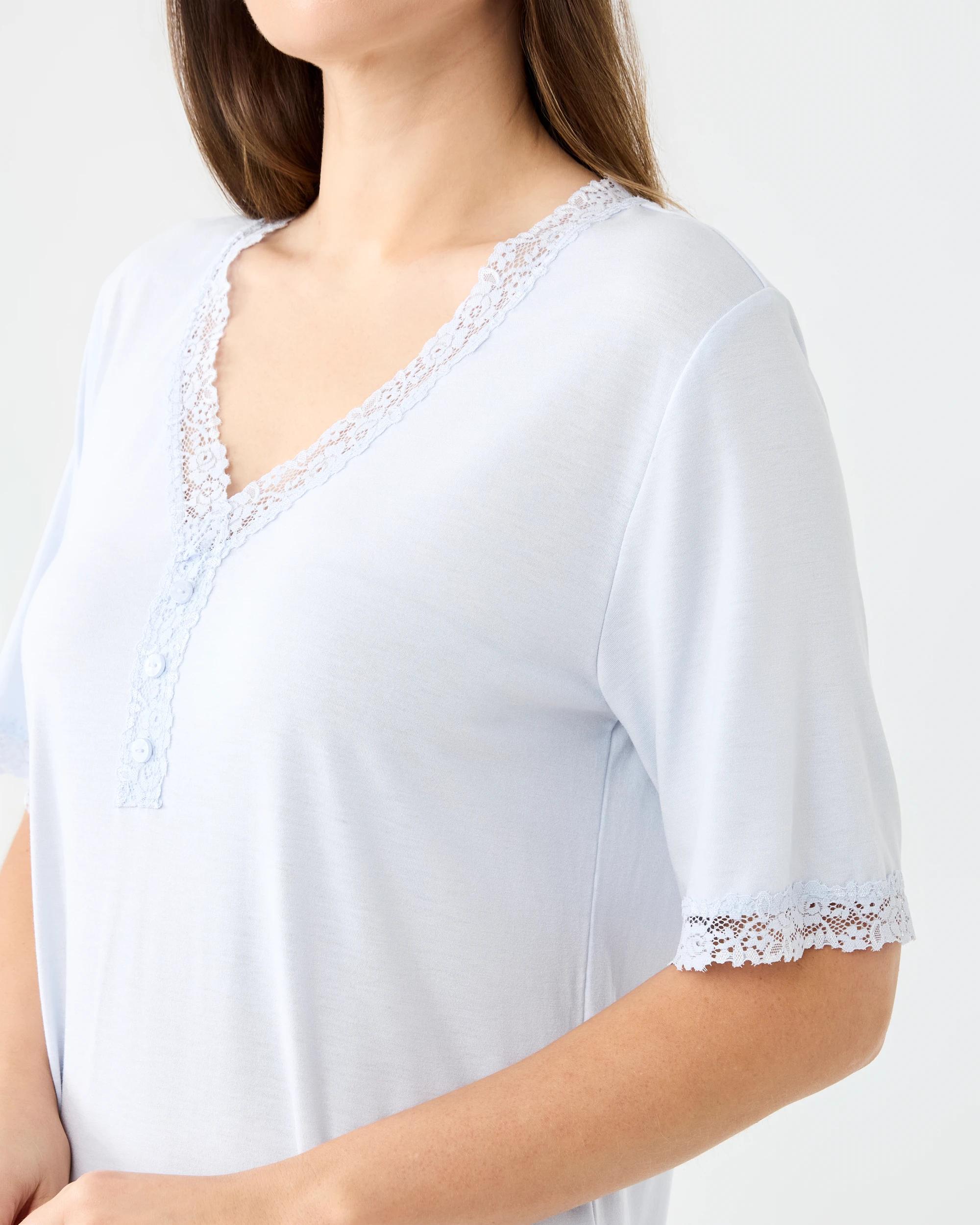 6 Short Sleeve Henley Lace Trim Comfort Nightie Halo Blue, 6 of 7