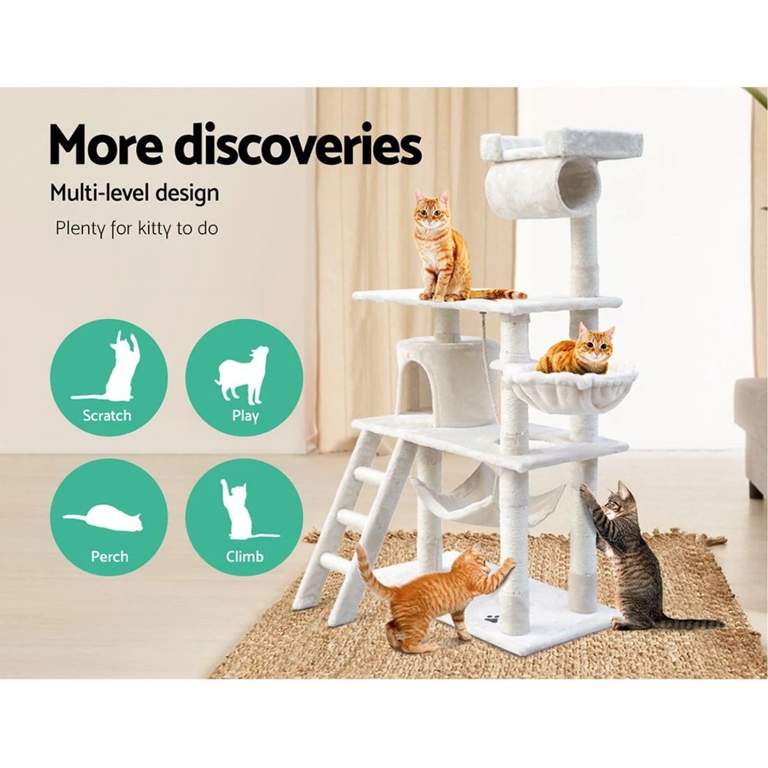 4 i.Pet Cat Tree 141cm Tower Scratching Post Scratcher Condo Wood House Bed Beige - Beige, 4 of 7