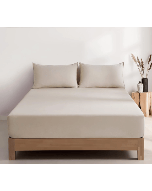 CleverPolly 100% Vintage Washed Microfibre Fitted Sheet Set - Linen - Double Bed