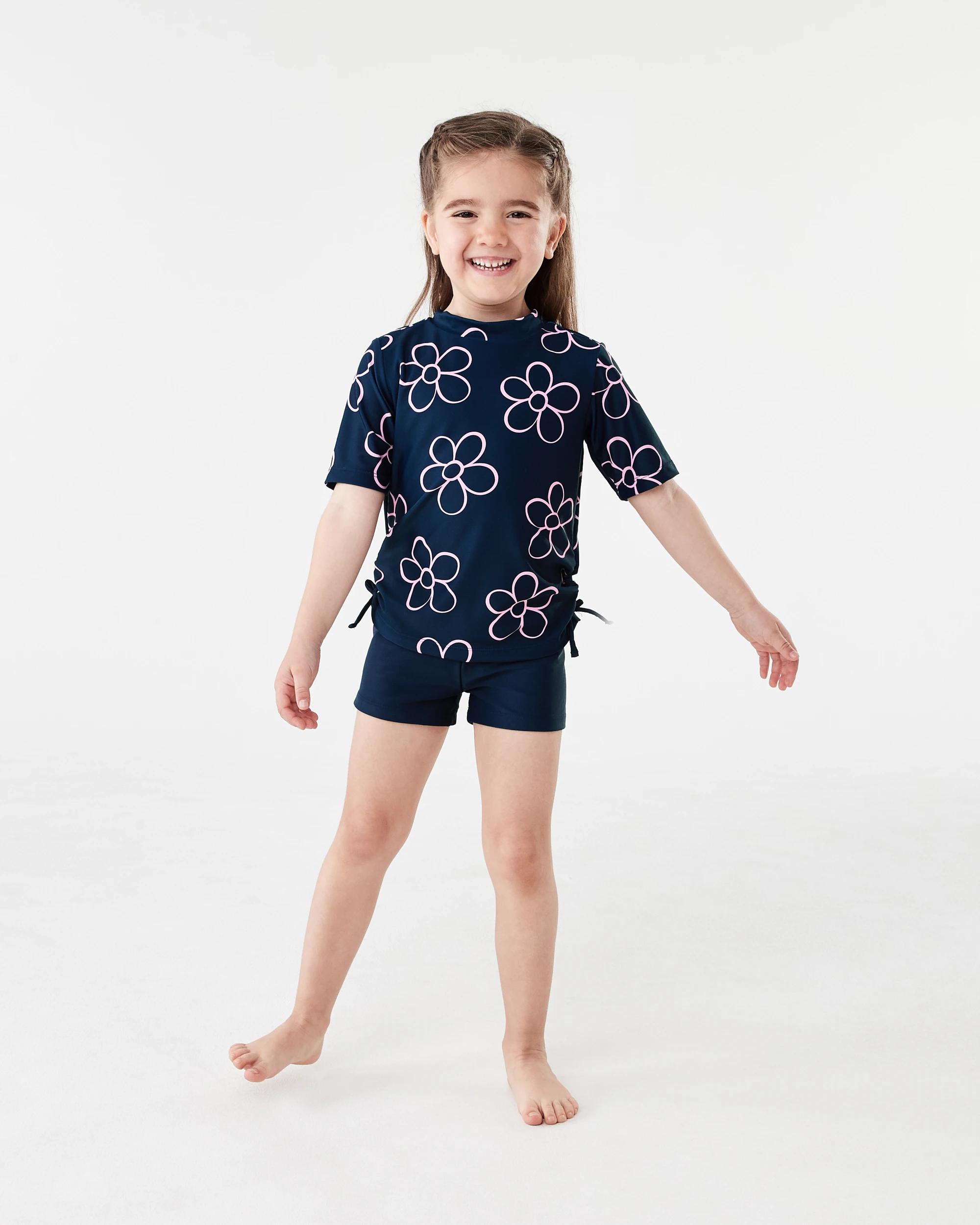 1 3 Piece Short Sleeve Swim Set NAVY OUTLINED DAISY, 1 of 9