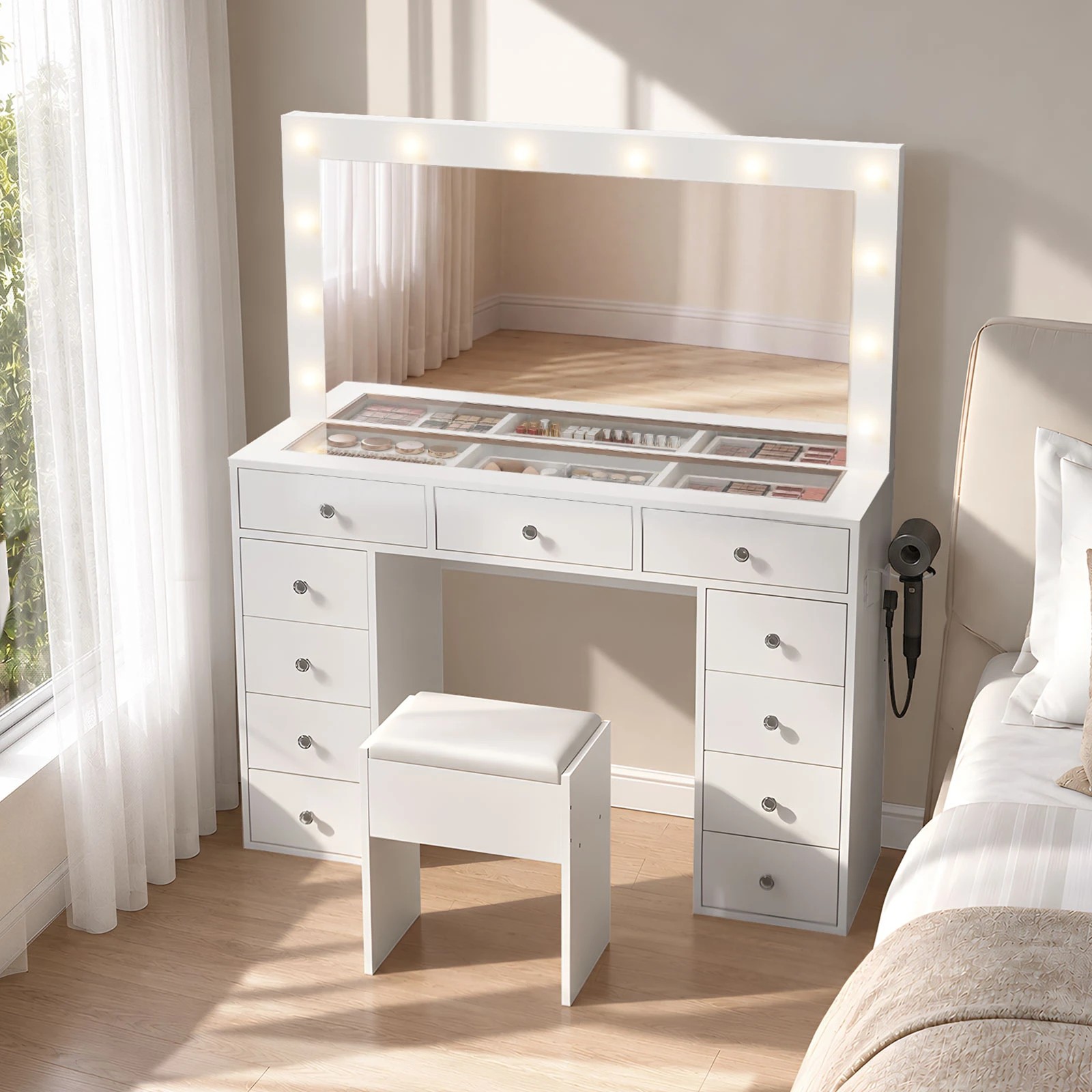 Oikiture Dressing Table Set LED Lights Glass Tabletop 11 Drawers ...