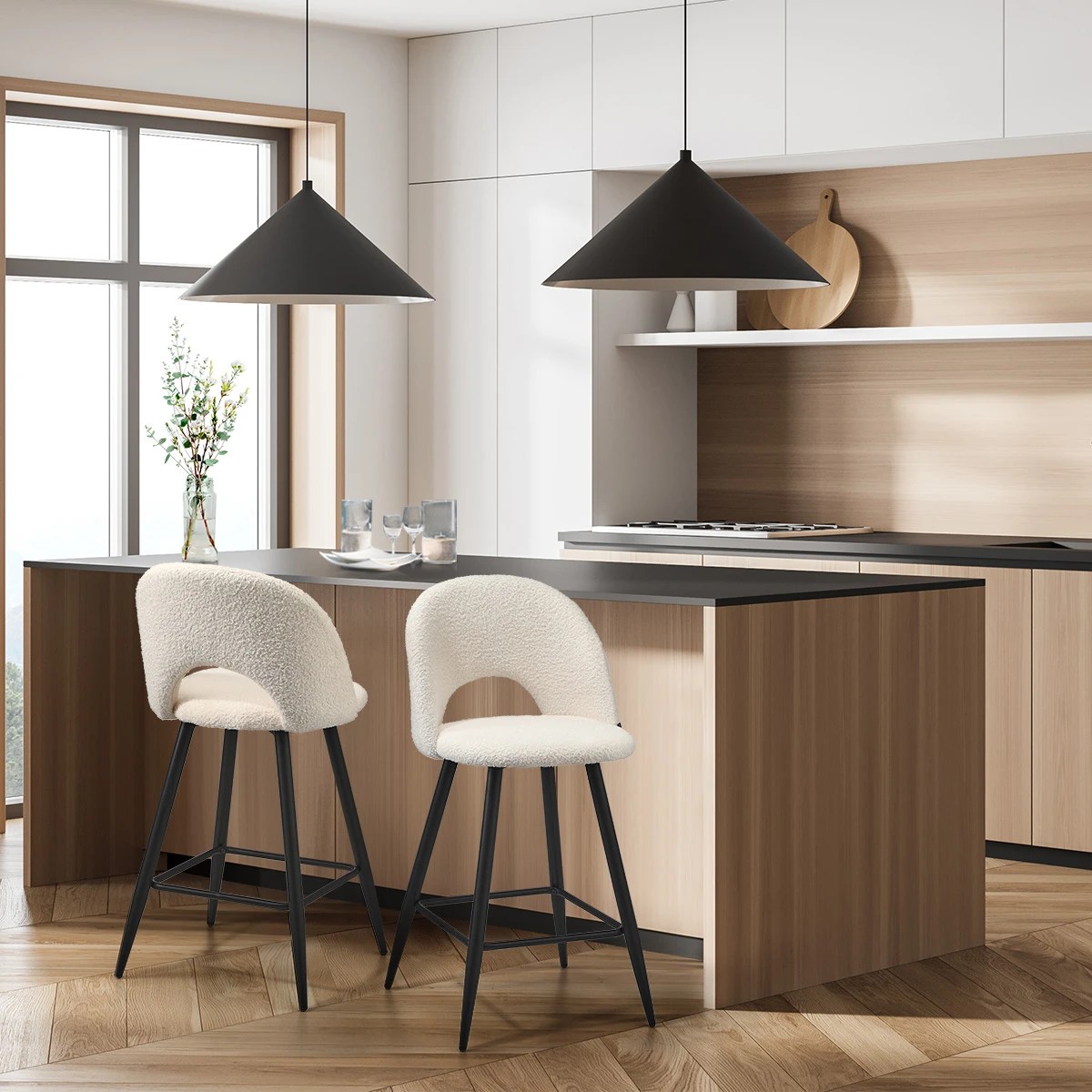 3 Oikiture 2x Bar Stools Kitchen Counter Stool Dining Chairs Boucle Horn
 - White, 3 of 10