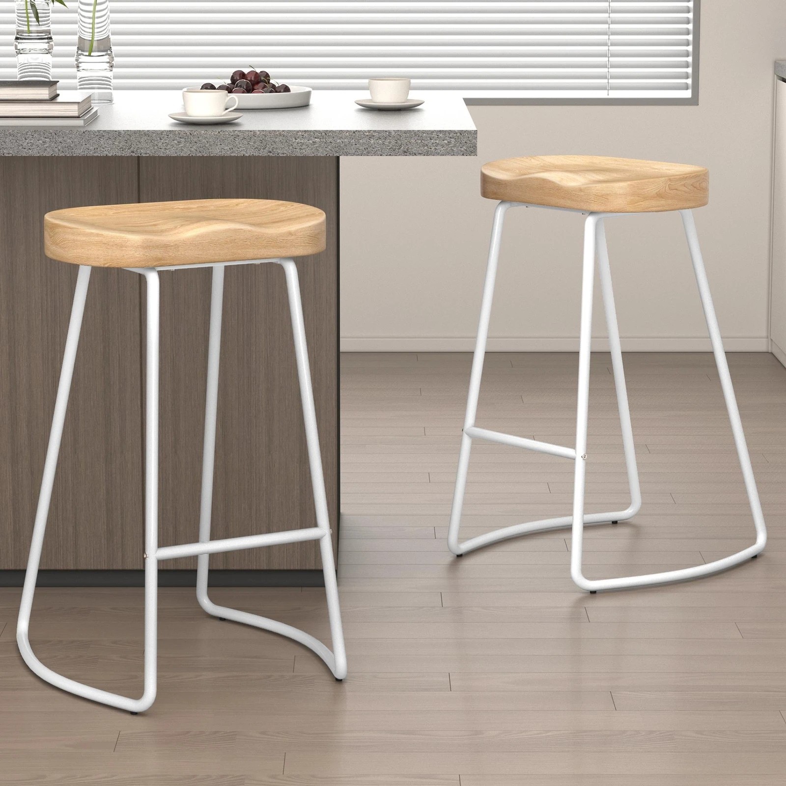 2 Alfordson 2x Bar Stools 75cm Tractor Kitchen Wooden Vintage Retro Chair - Natural, 2 of 10