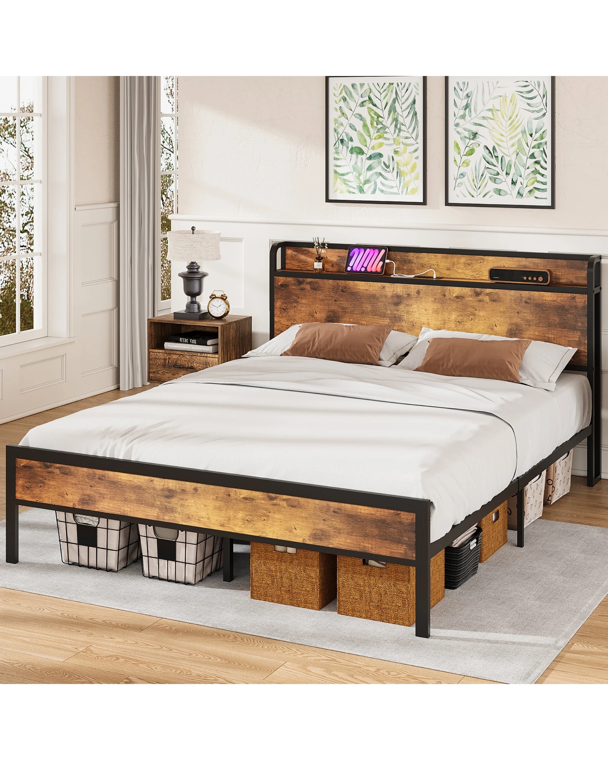 2 Advwin Queen Metal Bed Frame Storage Headboard With Charging Station And Usb Ports, 2 of 7