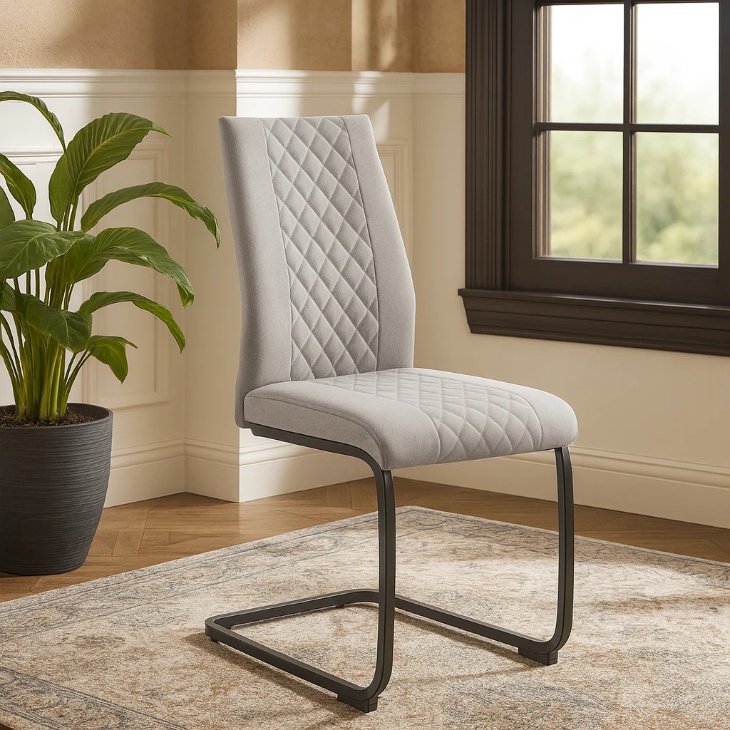 8 Foret Grey Dining Chairs 4pcs Diamond Stitch Design Black Metal Legs Modern, 8 of 10