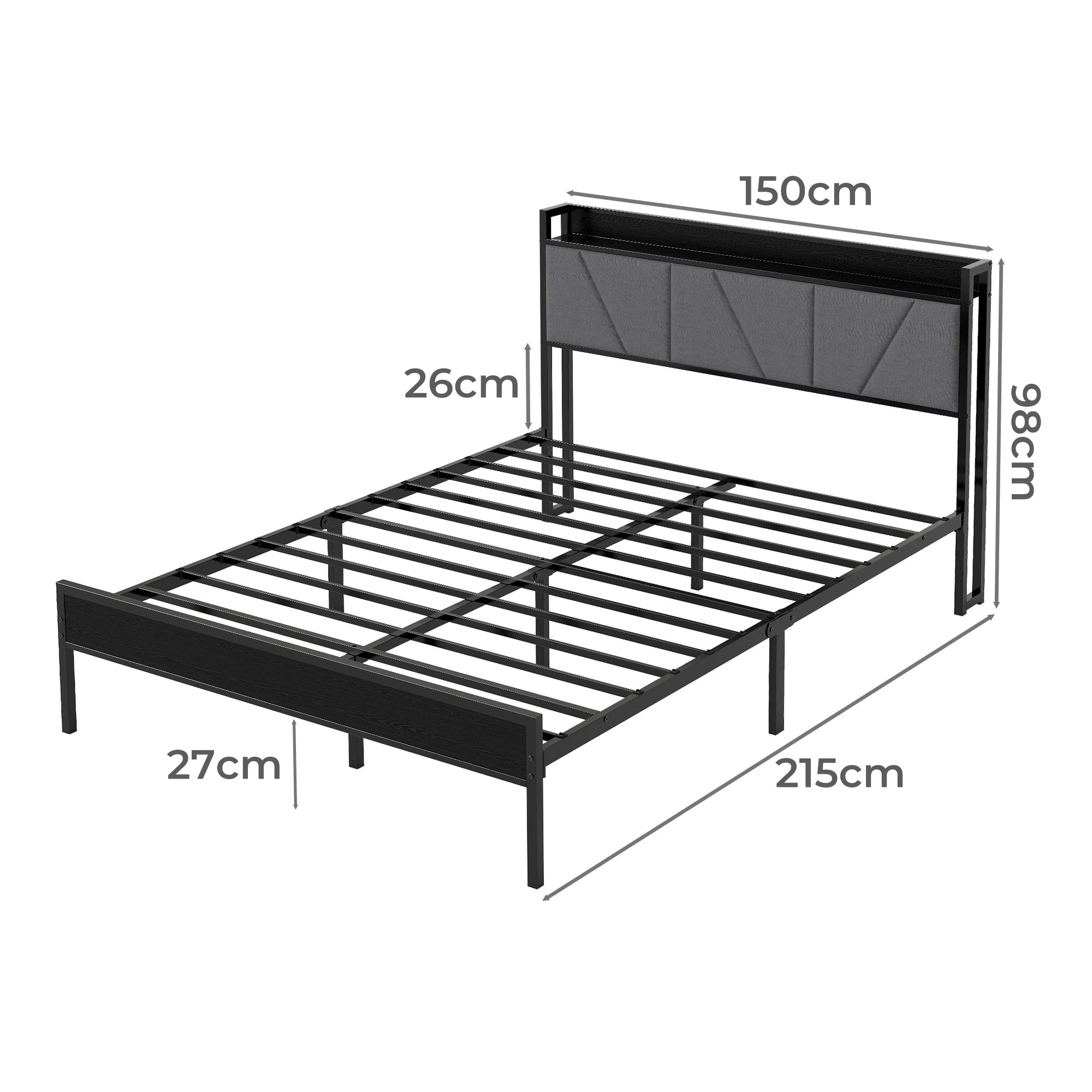 3 Levede Queen Bed Frame with Storage Headboard and Charging Station - Grey, 3 of 9