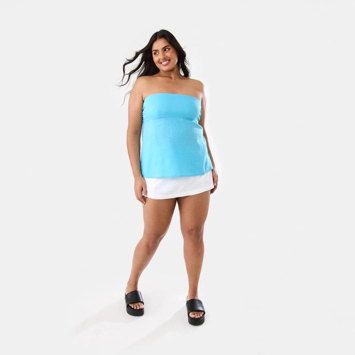 4 Strapless Tie Back Linen Blend Top BLUE TOPAZ, 4 of 9