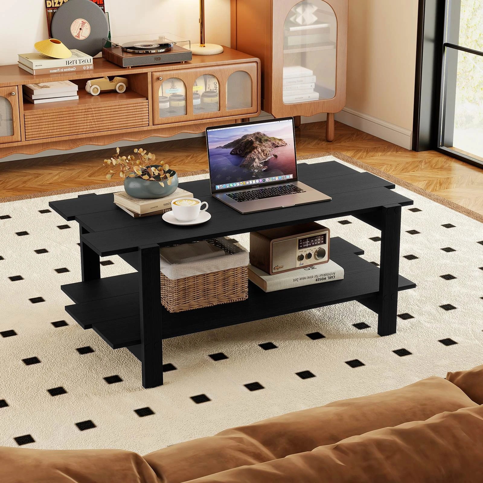 3 Costway 2-Tier Coffee Table Slatted Wood Center Table Rectangular Cocktail Table, 3 of 4