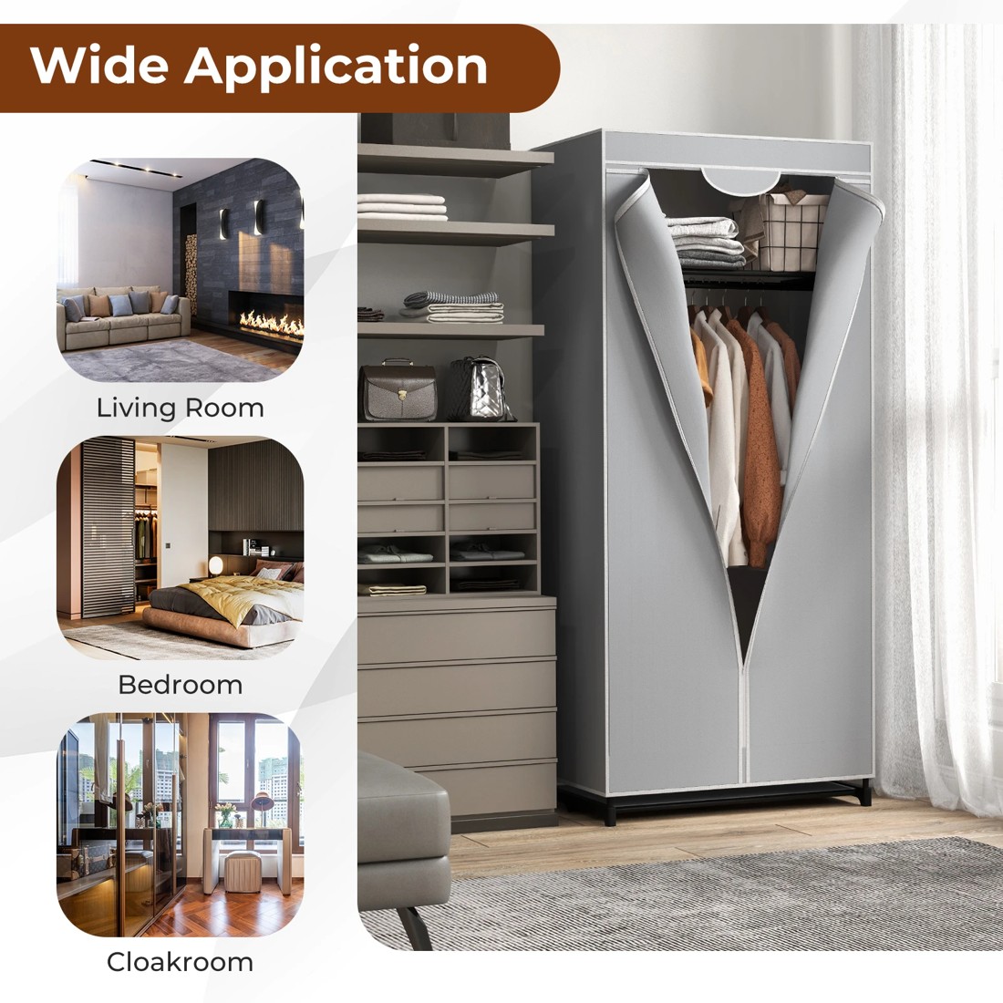 4 Costway Fabric Wardrobe Folding Garment Cabinet Clothes - Grey, 4 of 8