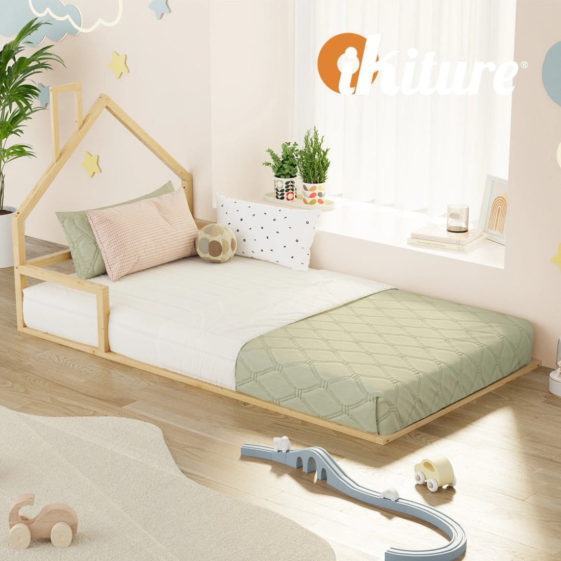 6 Oikiture Wooden Kids Bed Chimney Wooden King Single - Natural, 6 of 10