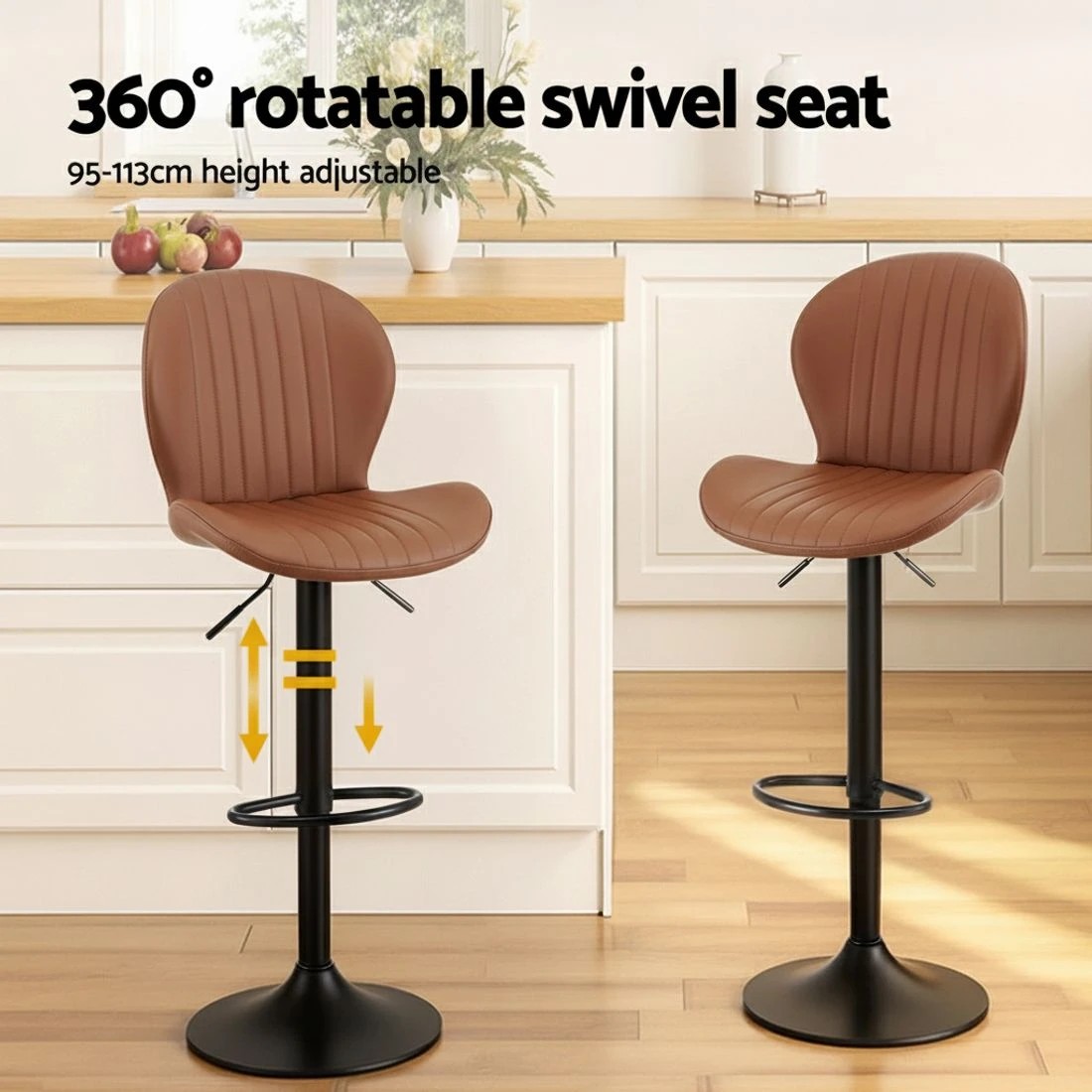 4 Artiss 2x Bar Stools Kitchen Swivel Gas Lift Counter Chair Shell Leather - Brown, 4 of 7