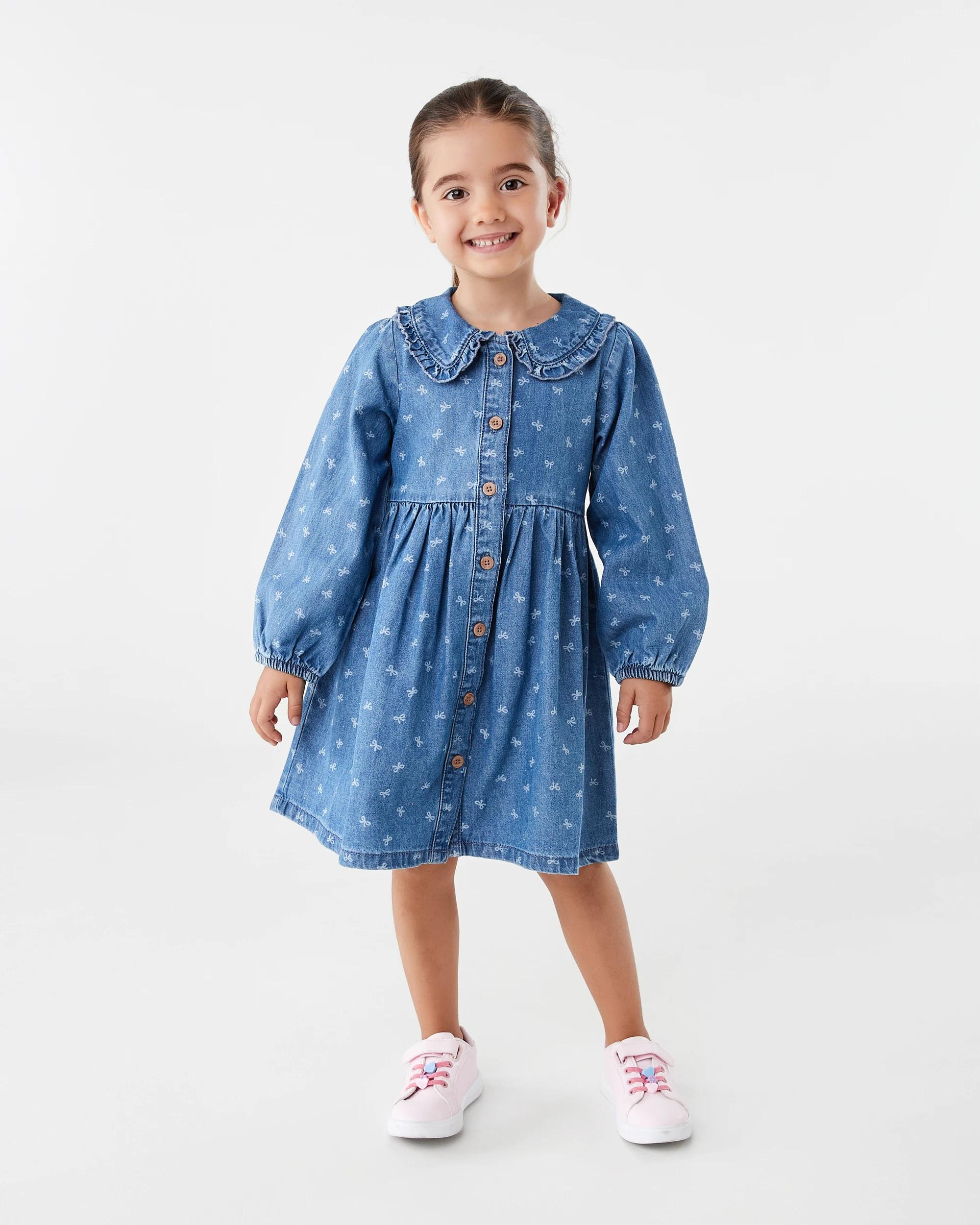 8 Long Sleeve Denim Collard Dress Blu Bow, 8 of 9