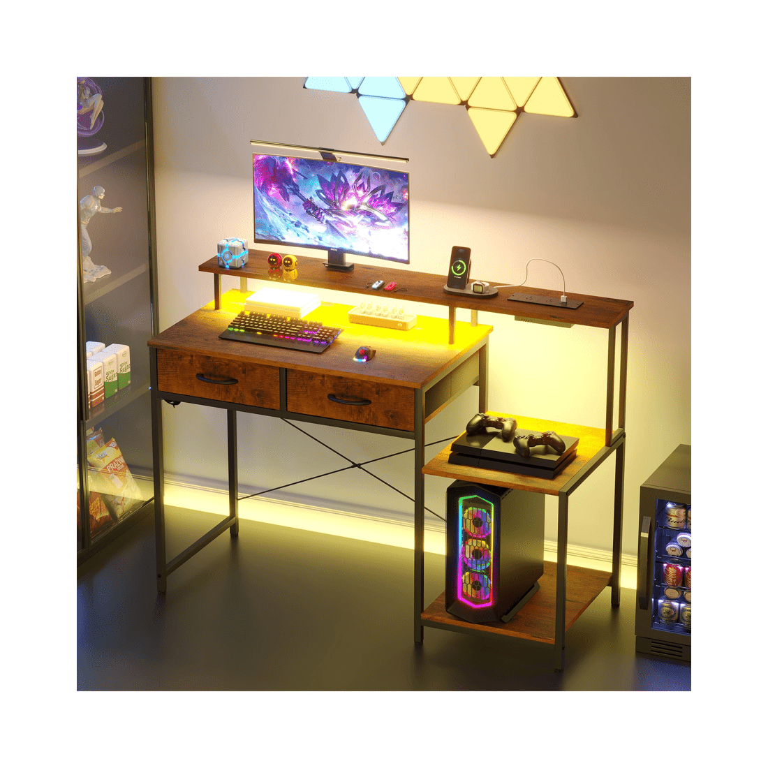 3 Advwin Gaming Desk With Led Lights Power Outlets Reversible Printer Storage Shelf 120cm Walnut, 3 of 10