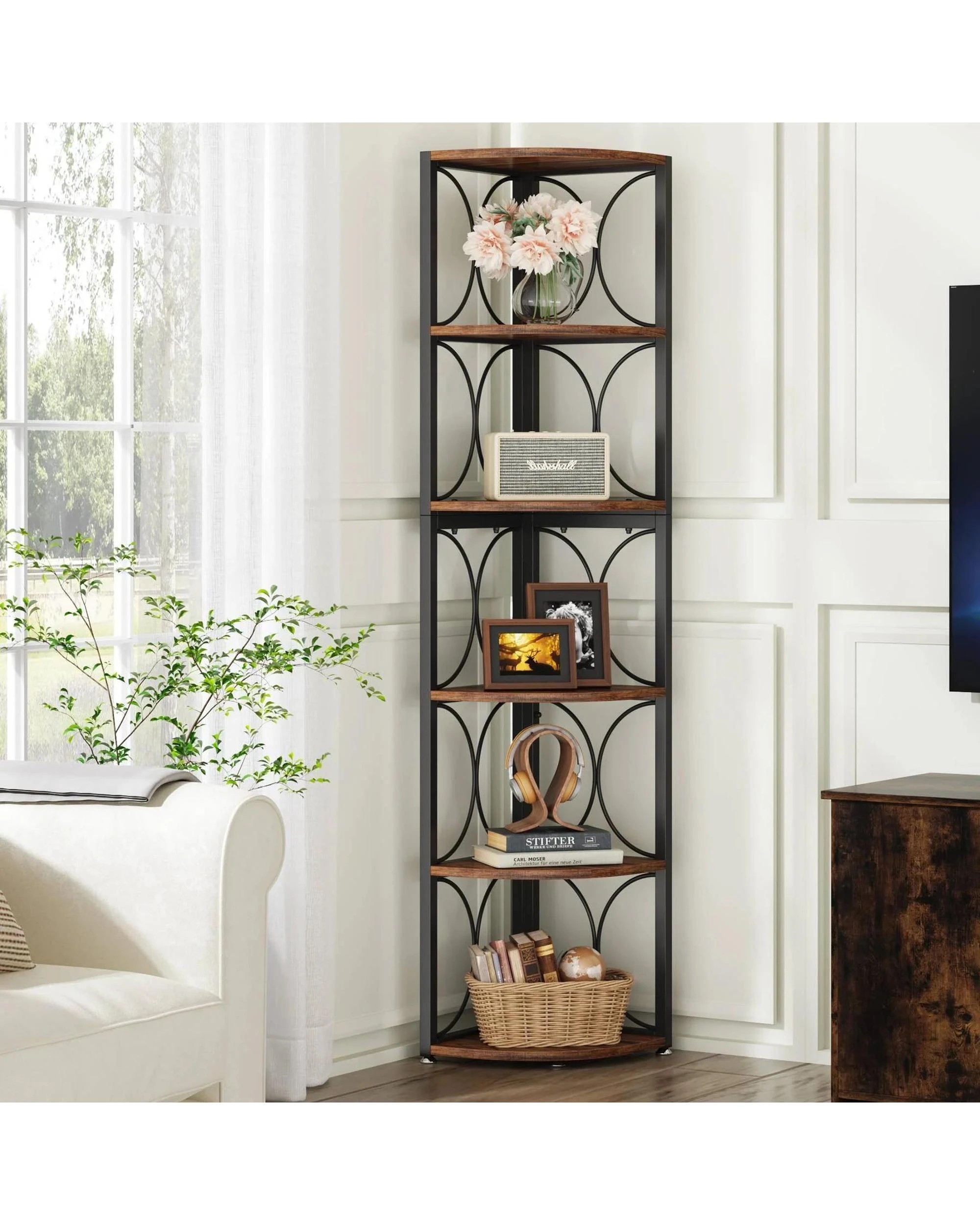 3 OAKORY 6-Tier Corner Shelf Freestanding Storage Rack with Rustic Finish and Metal Frame, 3 of 7
