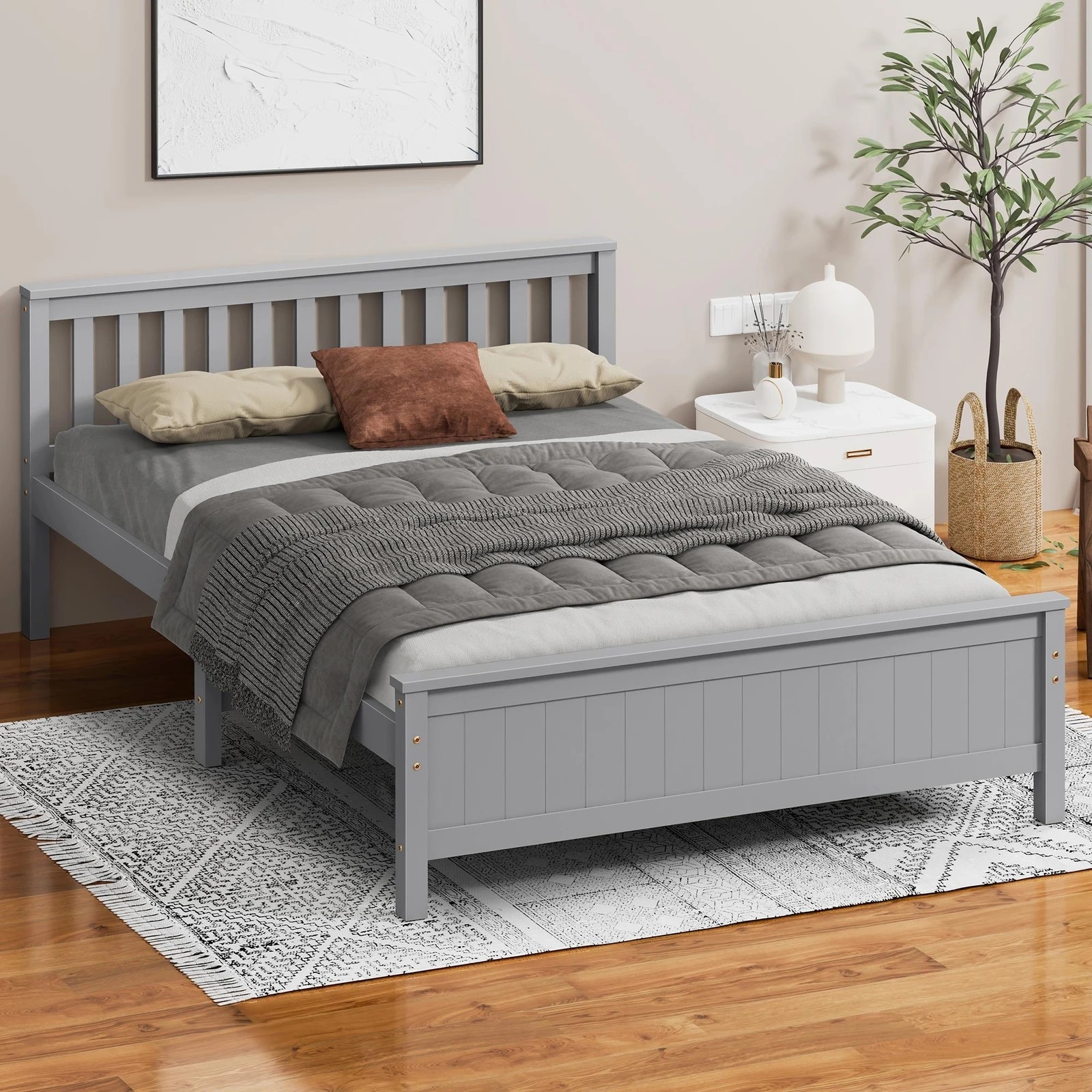 2 Alfordson Bed Frame Wooden Double Size Slatted Headboard Timber Fabiano - Grey, 2 of 10