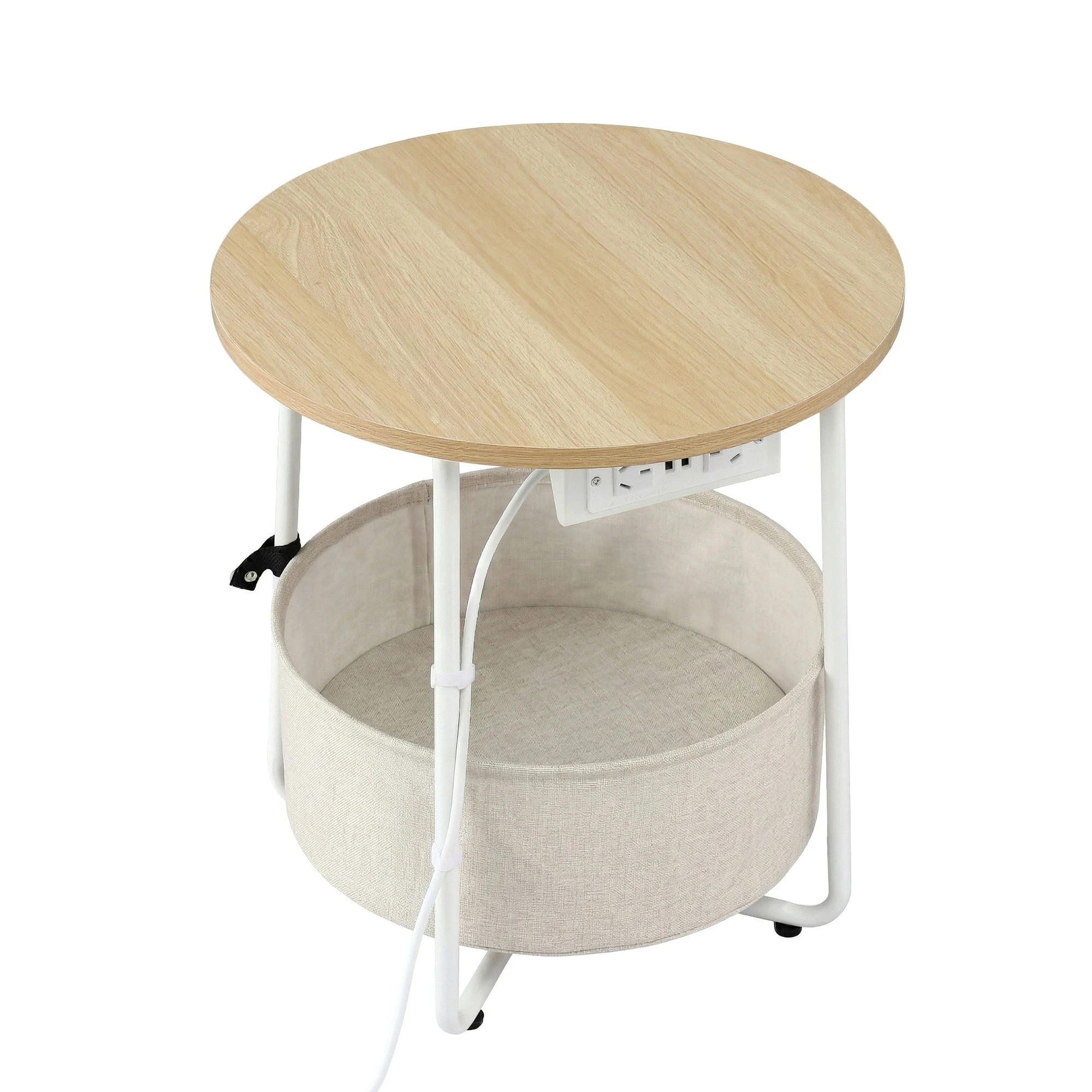 3 Artiss Round Coffee Table Side End Bedside Table Charging Station Storage Basket Wood - Beige, 3 of 9