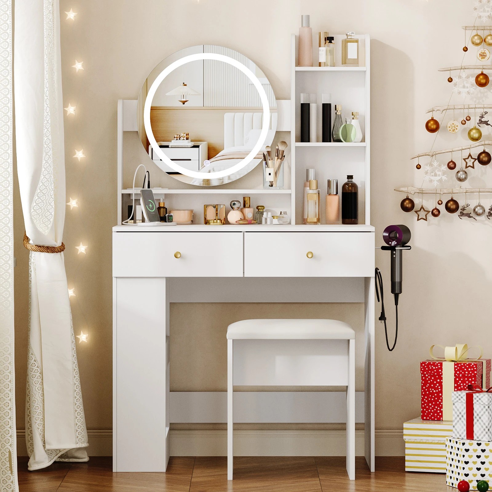 8 Advwin Dressing Table Set with LED Lighted Round Mirror - White, 8 of 9