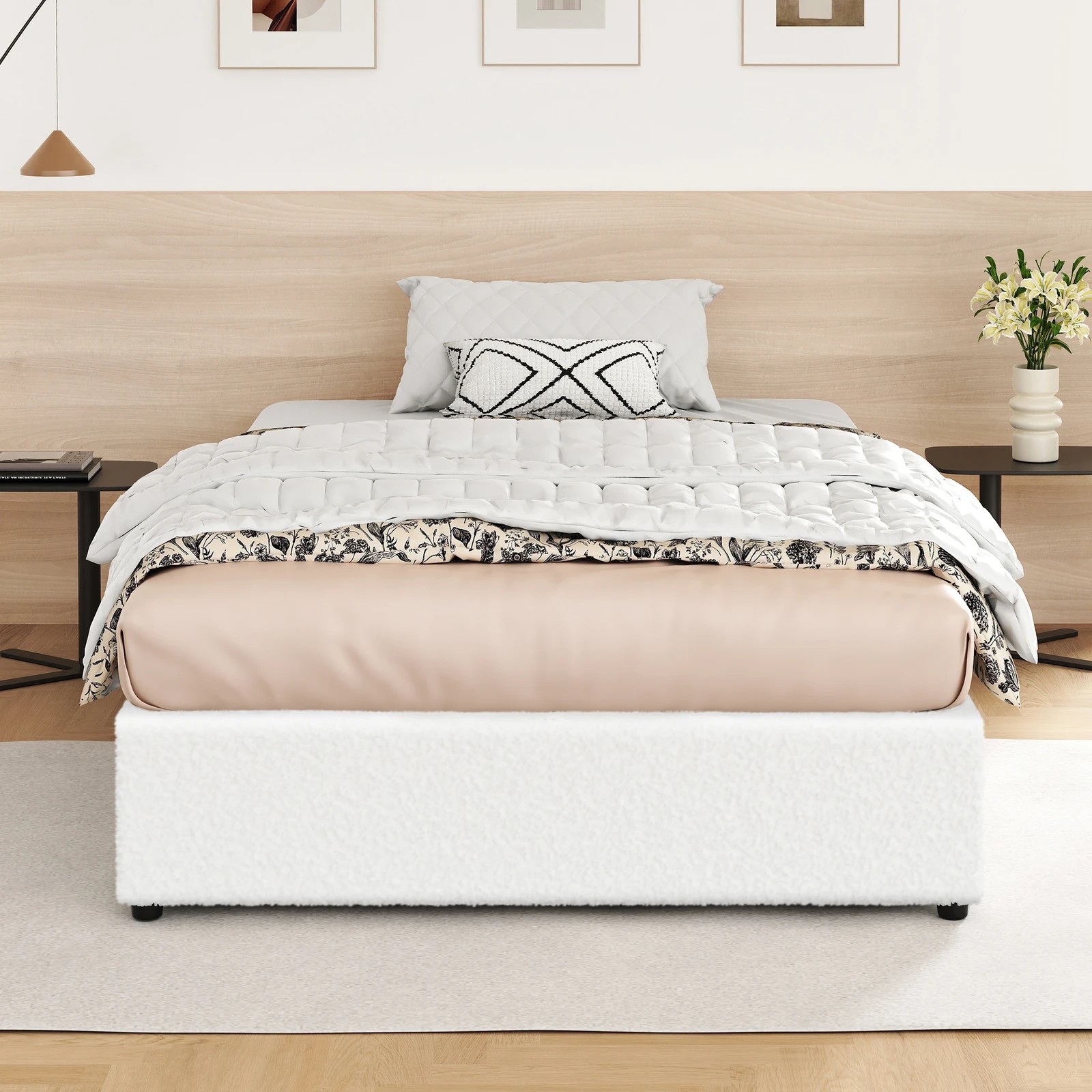 4 Alfordson Bed Frame Single Size Gas Lift Storage Mattress Base Boucle Barlow - White, 4 of 9
