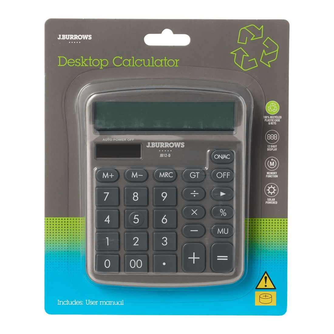 2 J.Burrows Recycled Desktop 12 Digit Calculator Silver, 2 of 4