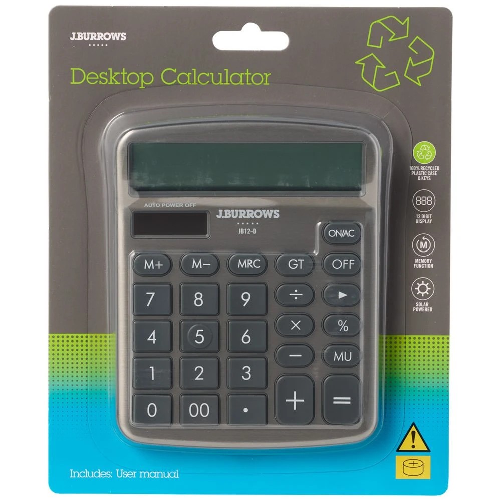 2 J.Burrows Recycled Desktop 12 Digit Calculator Silver, 2 of 4