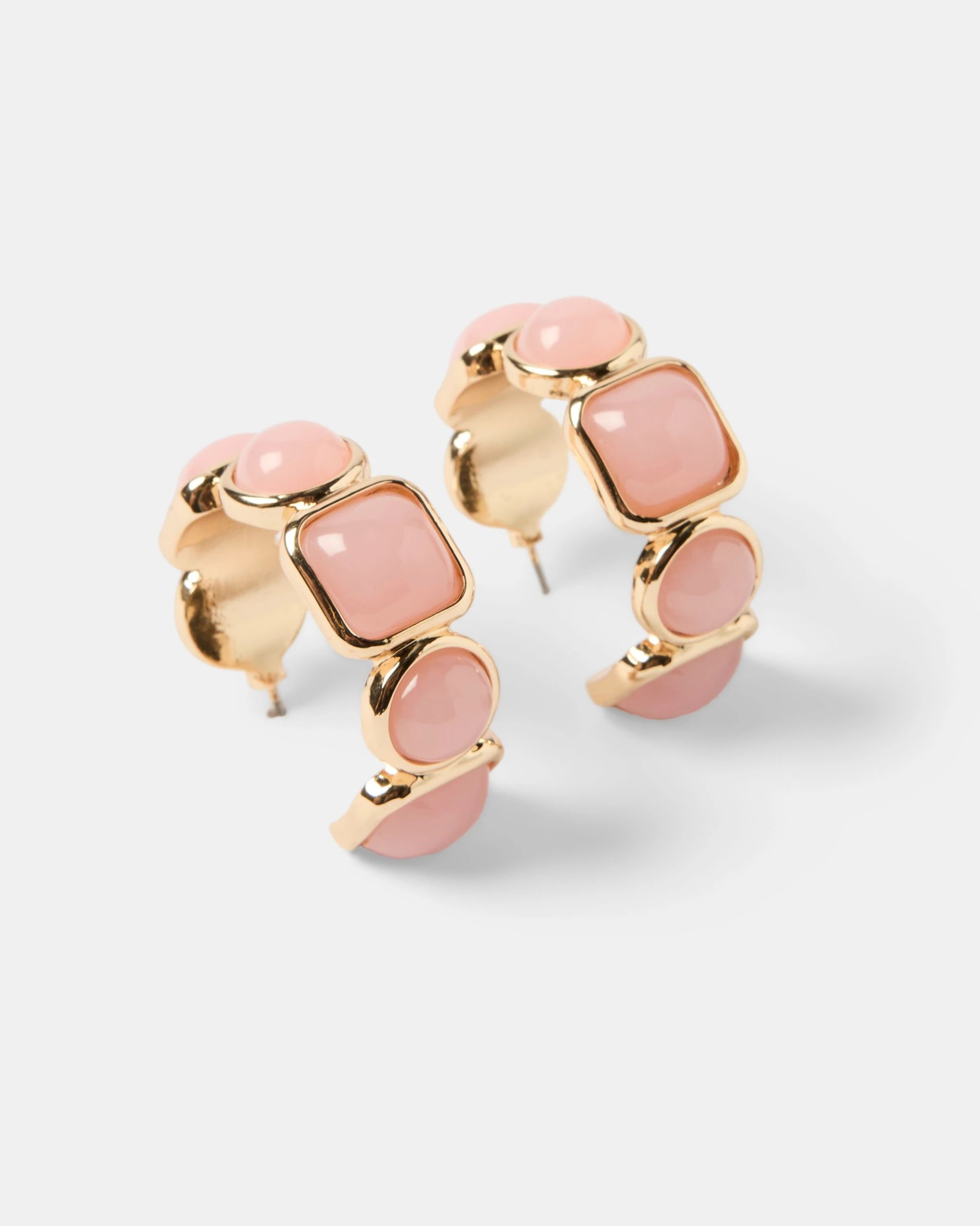 2 Resin Stone Hoop Earrings - Pink and Gold Tone, 2 of 4