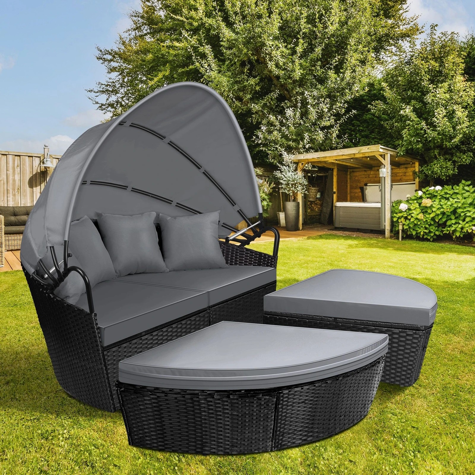 9 Alfordson Outdoor Sun Lounge Day Bed Wicker Furniture Sofa Bed Garden 3PCS - Black, 9 of 10