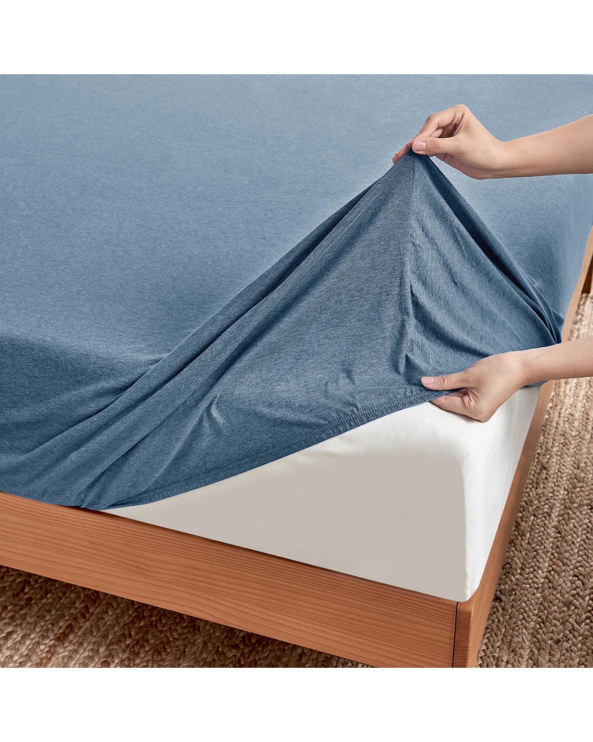 4 Dreamaker Jersey Luxe 100% Cotton Combo Fitted Sheet Set - King Single Bed - Denim, 4 of 6