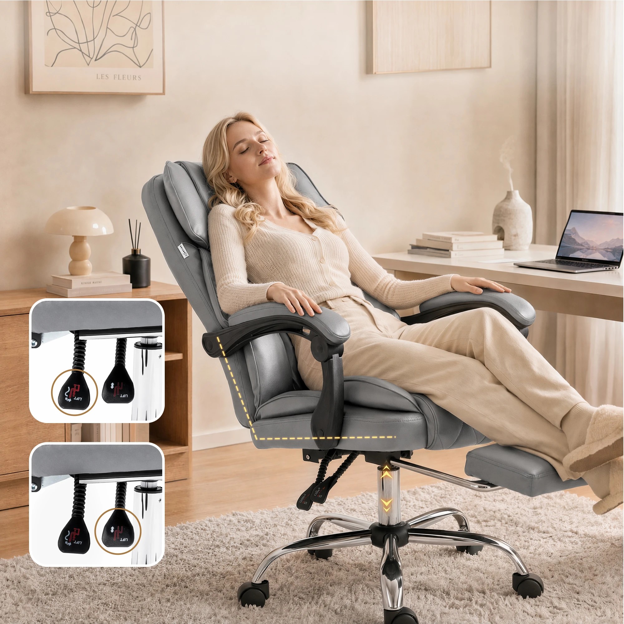 2 Artiss Executive Office Chair Footrest Ergonomic Recliner Computer Desk Chair - Grey, 2 of 5