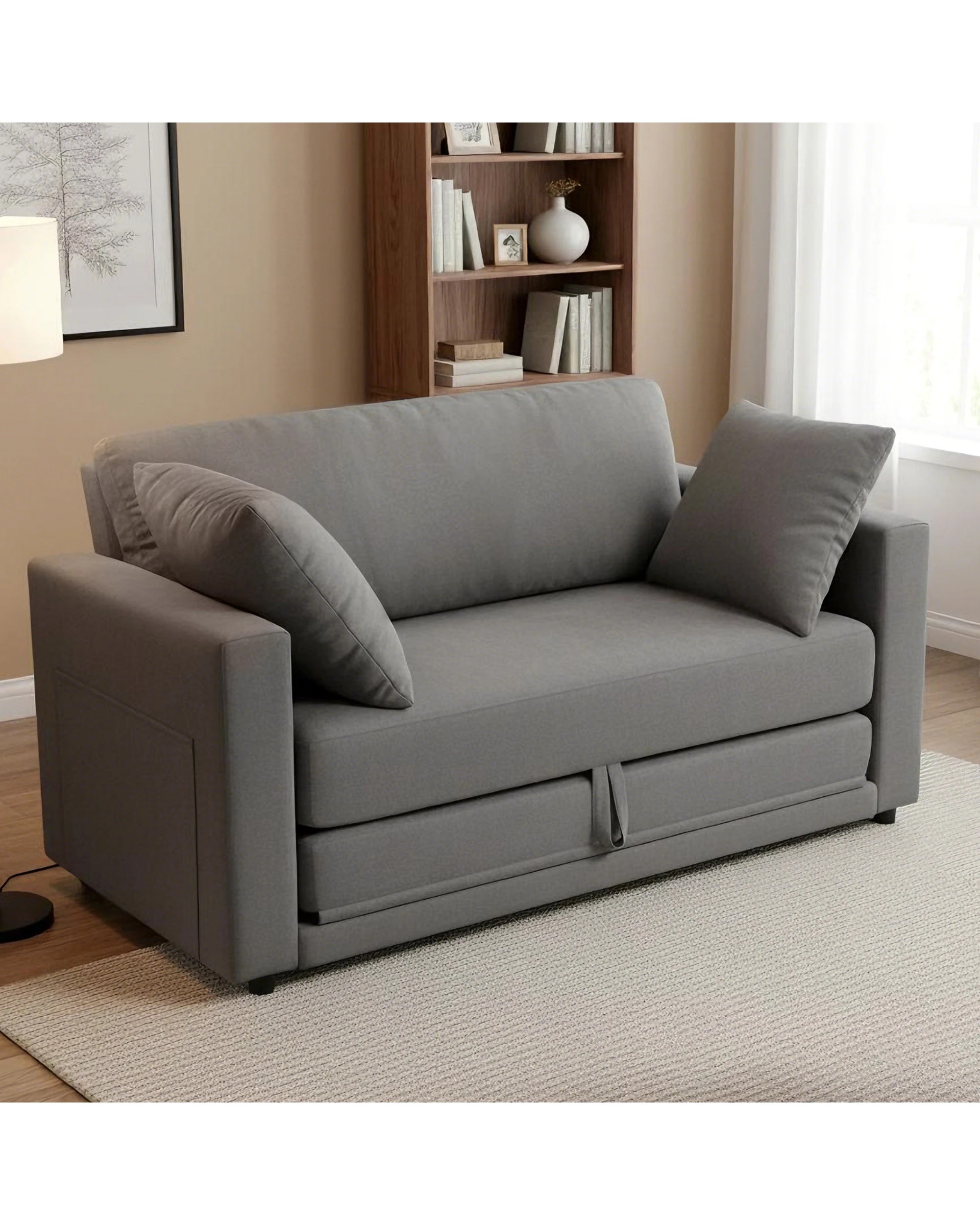 3 Advwin 130cm 2 in 1 Convertible Sofa Bed w/ Side Pocket & Pillows Folding Loveseat Sleeper Fold Out Linen Floor Couch, 3 of 9