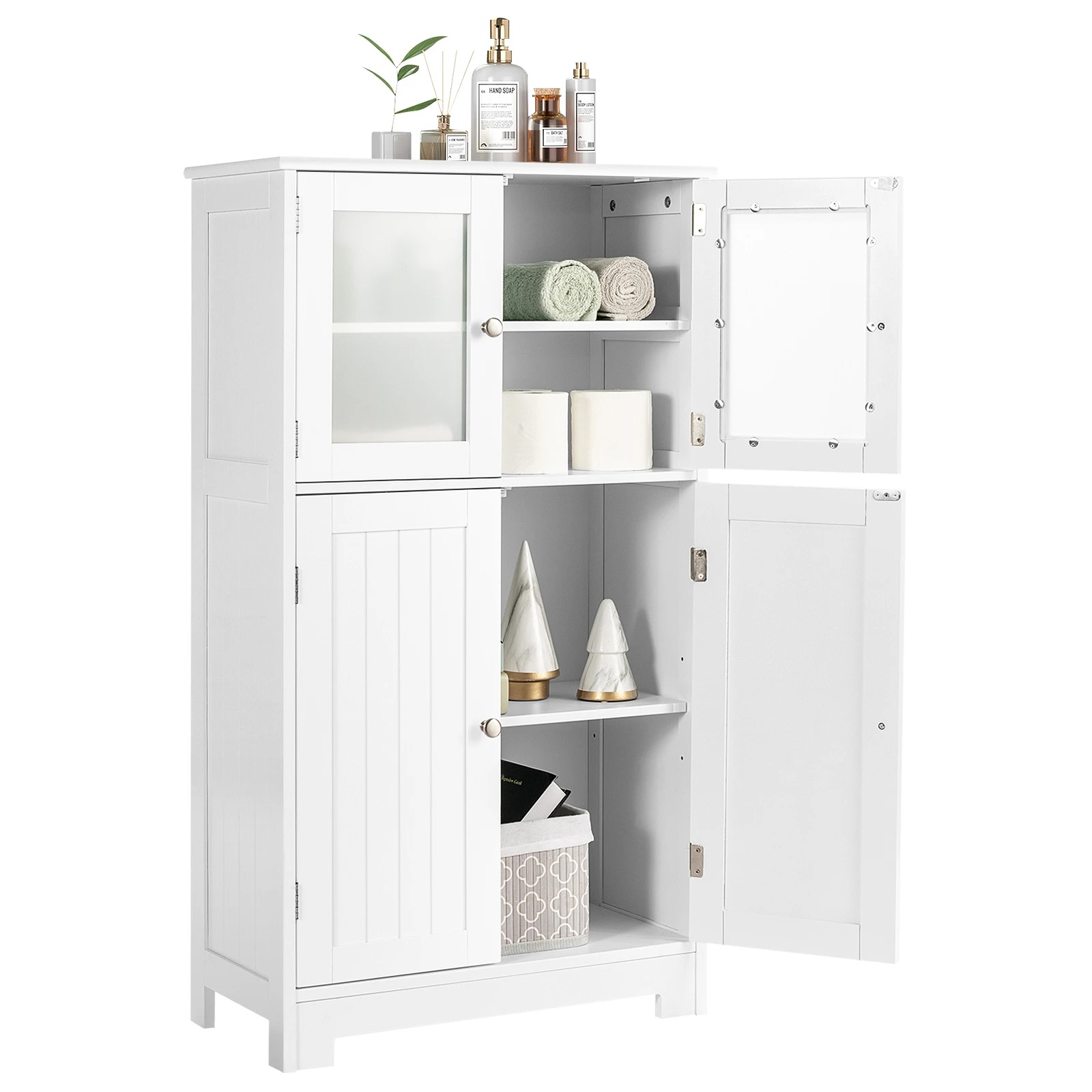 3 Costway Bathroom Cabinet Toilet Storage Cupboard Organizer w/Shelf & 4 Doors - White, 3 of 3