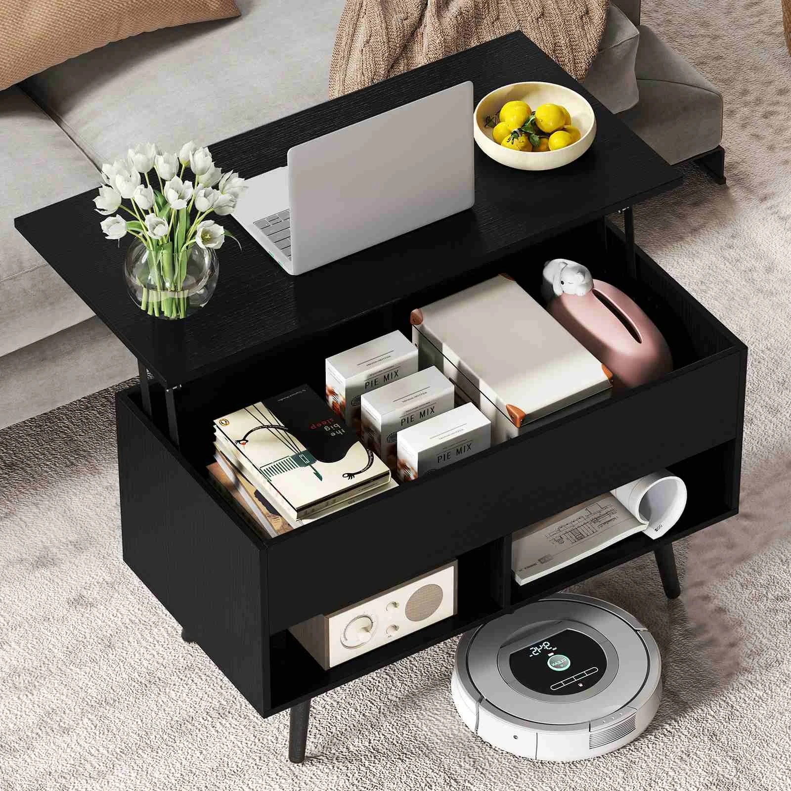 2 Costway 80cm Lift Top Coffee Table Modern Dining Table w/Hidden Storage Compartment - Black, 2 of 5