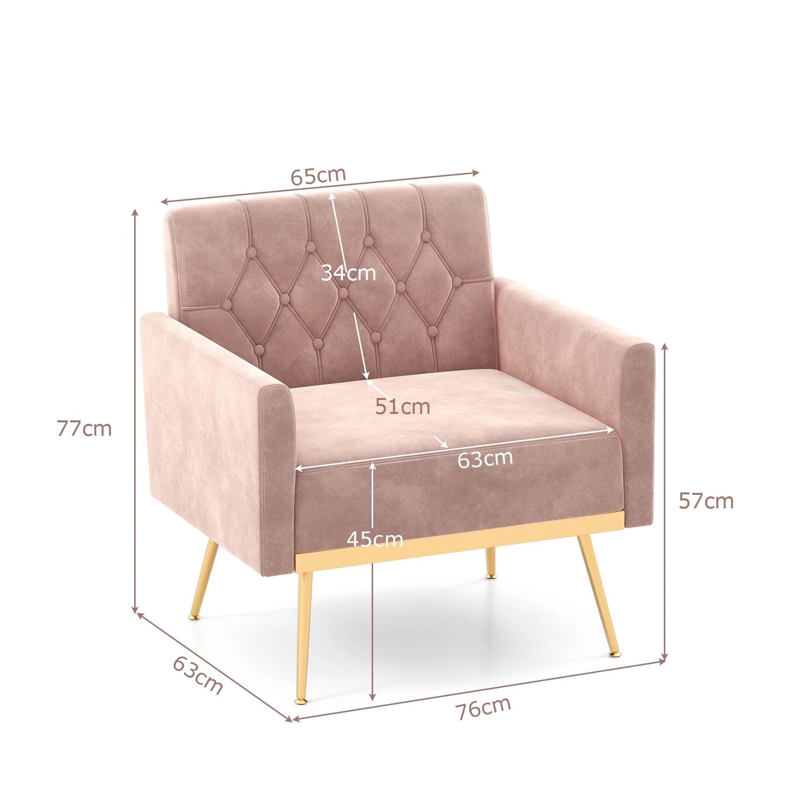 4 Costway Modern Accent Armchair Velvet Sofa Chair w/Button Tufted Back & Golden Metal Legs - Pink, 4 of 4