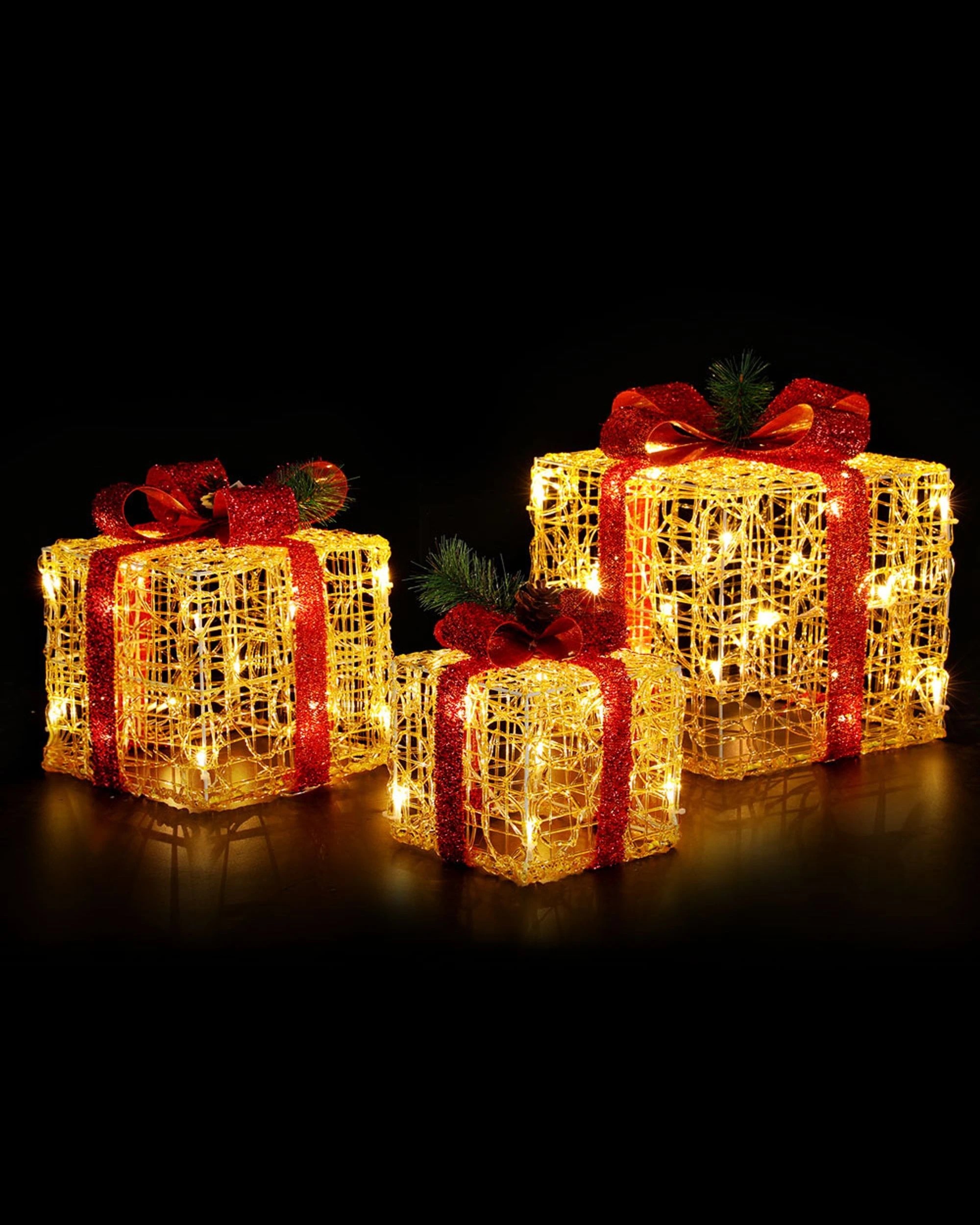 1 Jingle Jollys Christmas Lights Gift Box Set 3 PCS Set 48 LED Decorations - Gold, 1 of 7