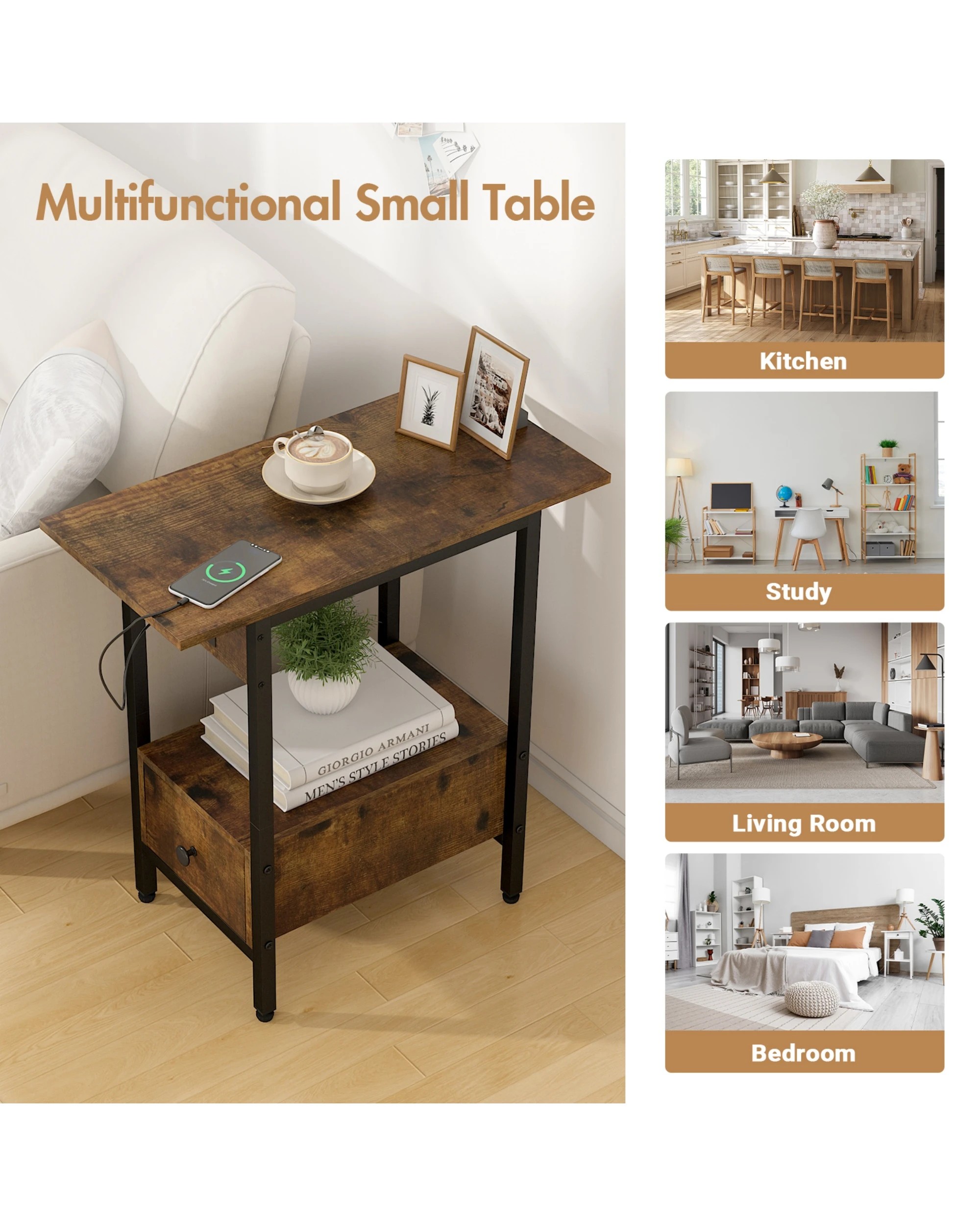 8 Advwin Set of 2 Side Tables w/ Charging Station & Drawer Walnut, 8 of 8