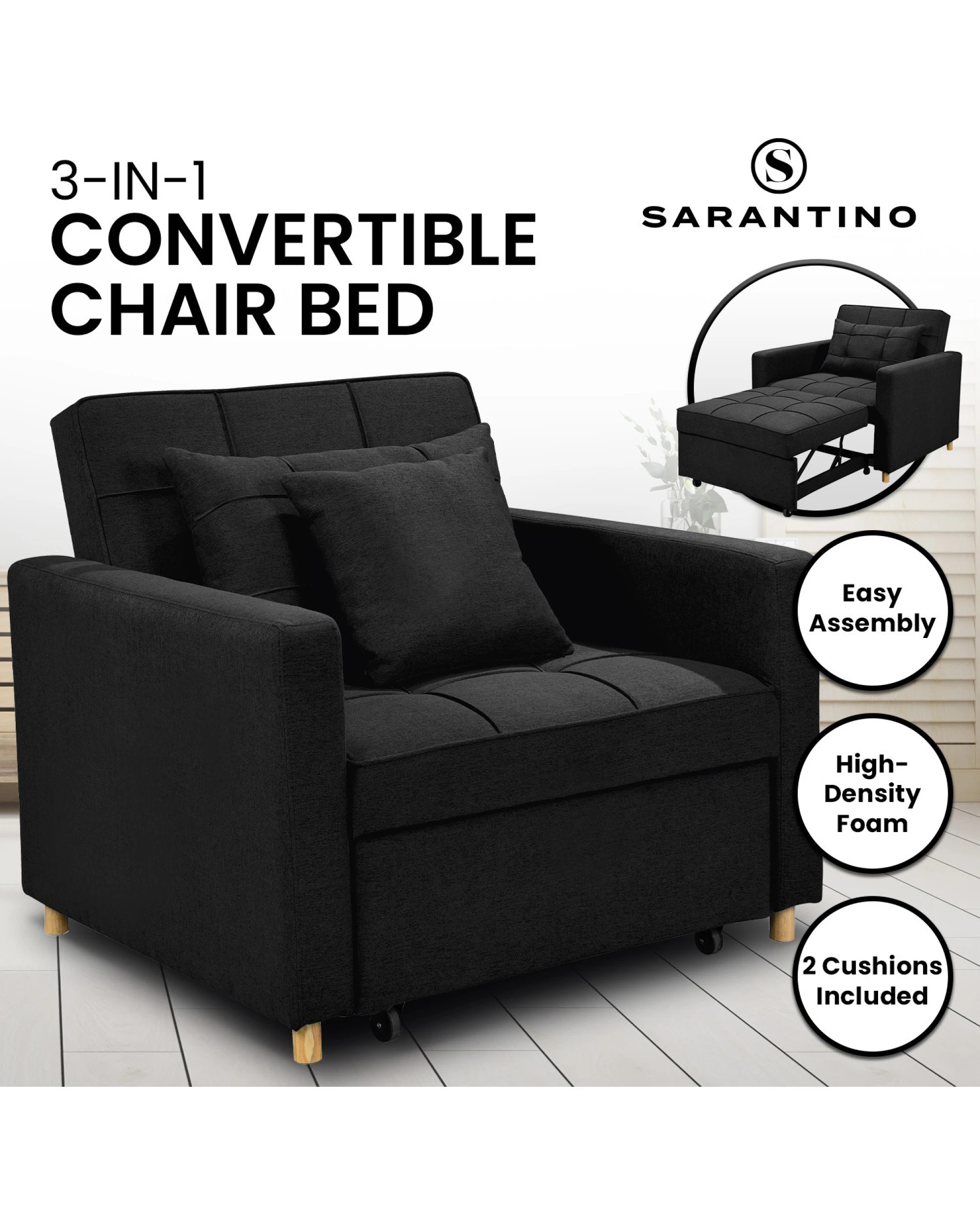 2 Suri 3-in-1 Convertible Lounge Chair Bed By Sarantino - Black, 2 of 10