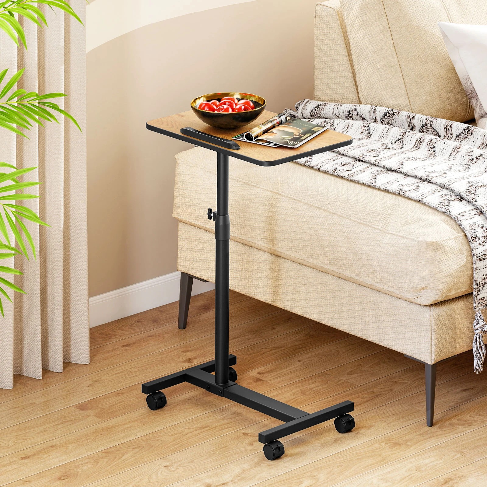 4 Costway Overbed Table w/Wheels C-Shaped End Table Adjustable Laptop Table - Brown, 4 of 5