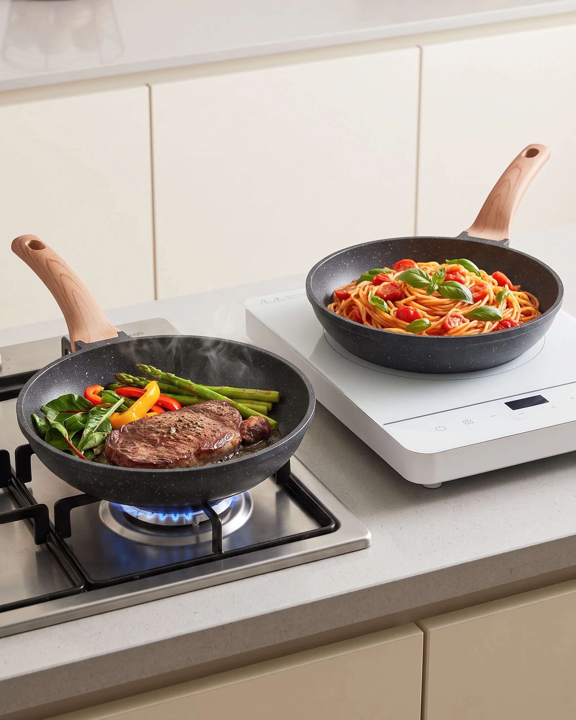 5 ZUNI 3PCS Nonstick Cookware Frying Pan Set Stainless Steel Base Black, 5 of 9