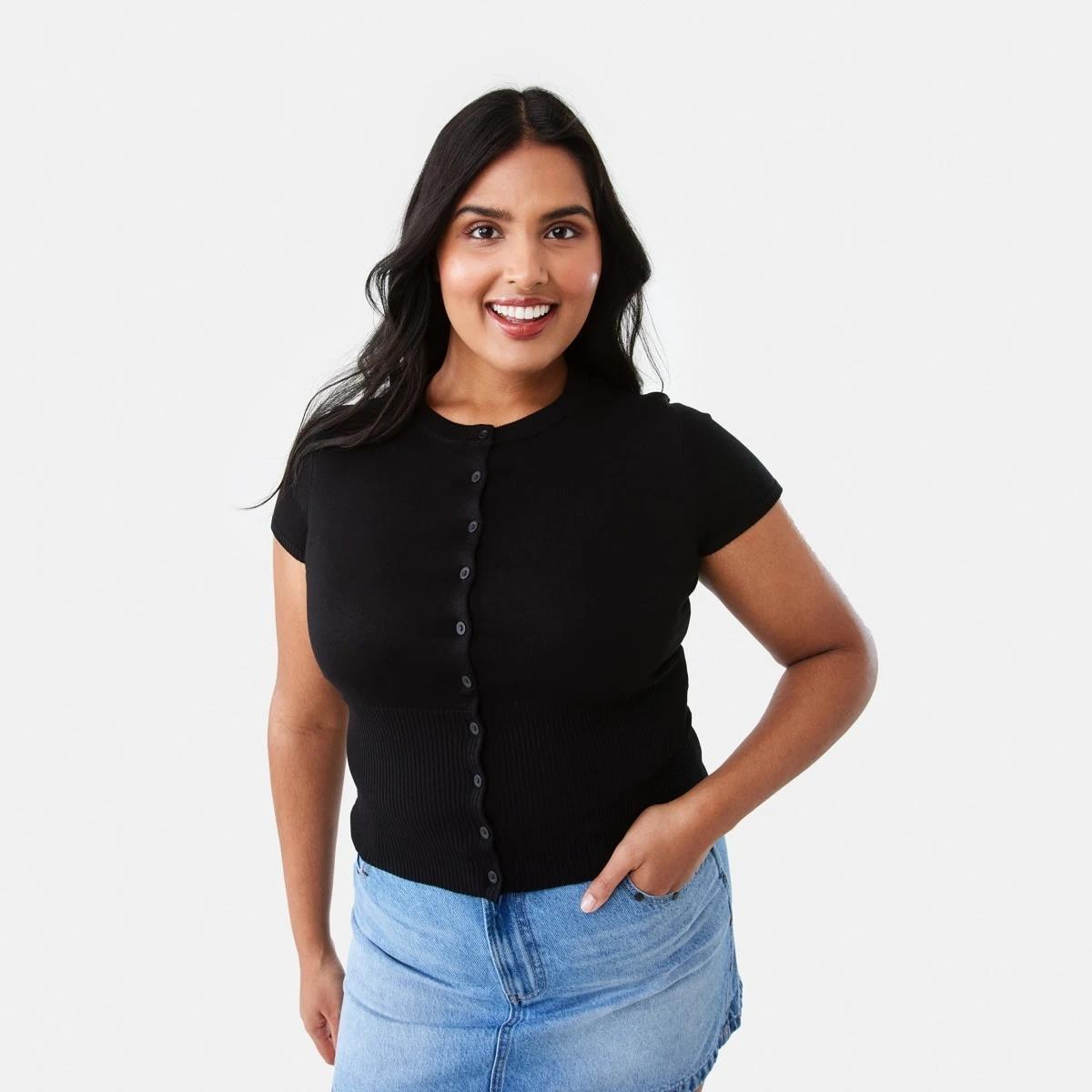 3 Short Sleeve Longline Button Up Top Black, 3 of 9