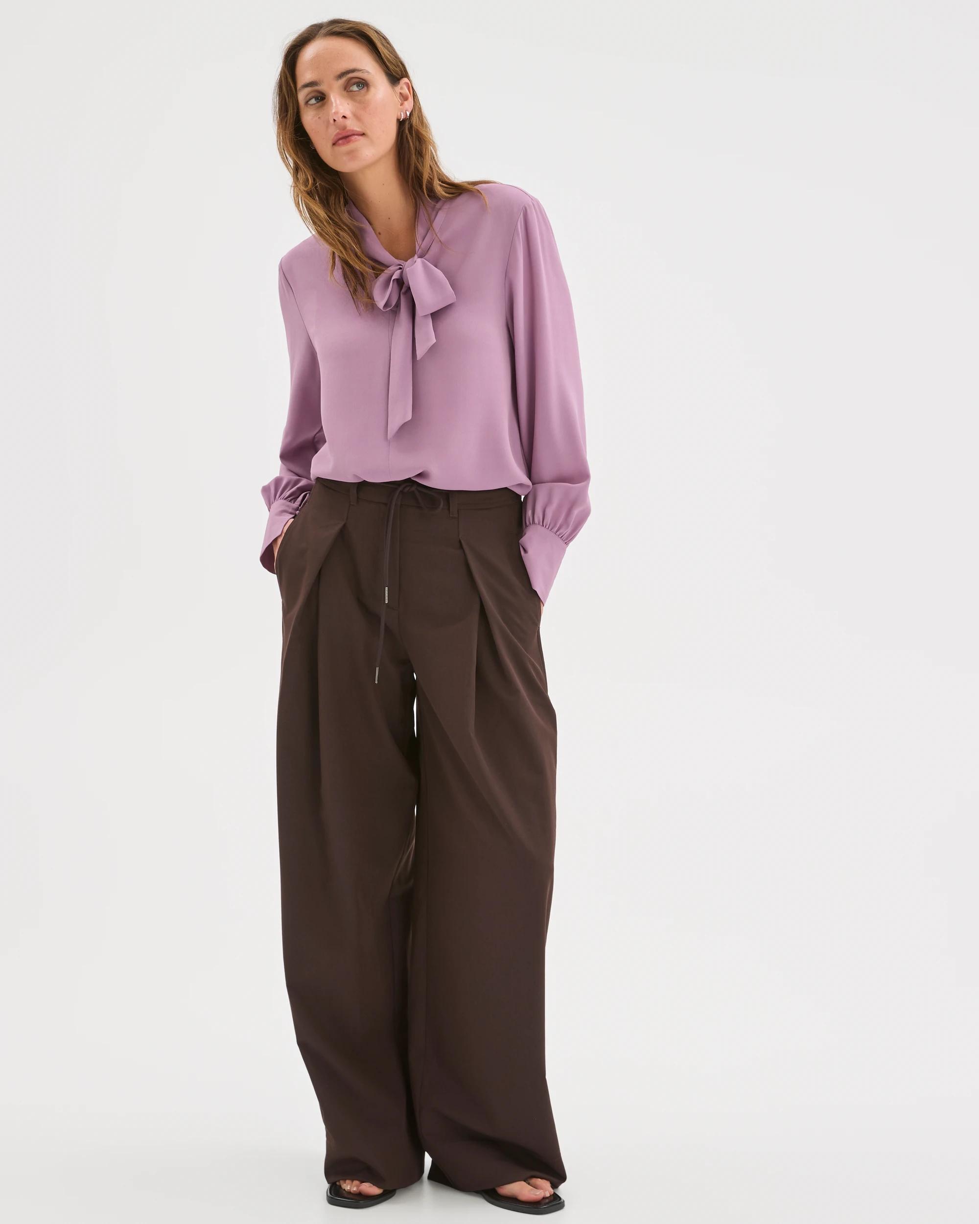 2 Preview Long Sleeve Tie Neck Blouse BERRY CREAM, 2 of 7