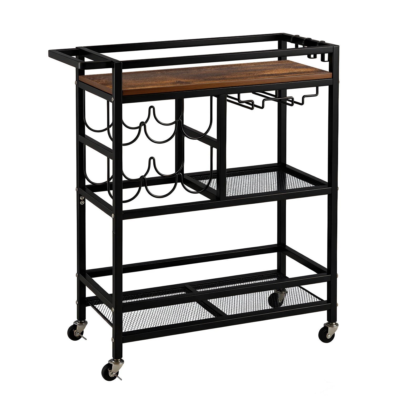 1 Artiss Bar Cart Drinks Trolley Serving Wine Rack Glass Holder 3 Hooks - Black, 1 of 8