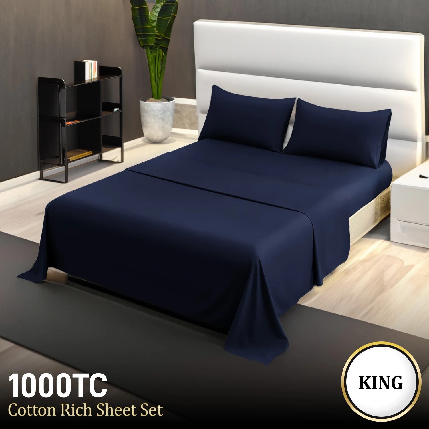 8 4pc 1000 Thread Count Cotton Rich Sheet Gift Pack Cvc Microfibre Blend In Navy
 - King Bed, 8 of 8