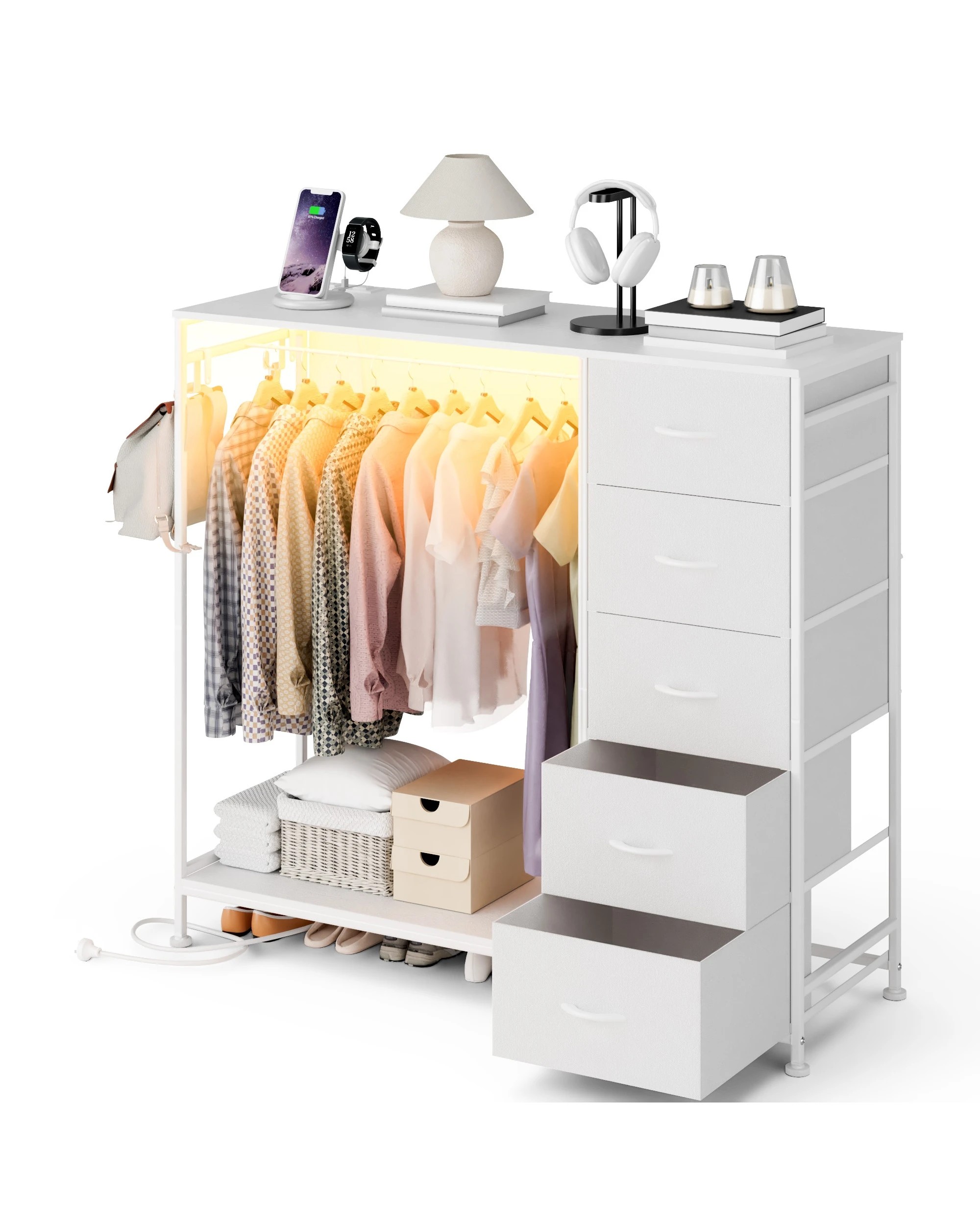 2 Advwin Fabric Chest of Drawers Clothes Rack Dresser with Hanging Rack - White, 2 of 7