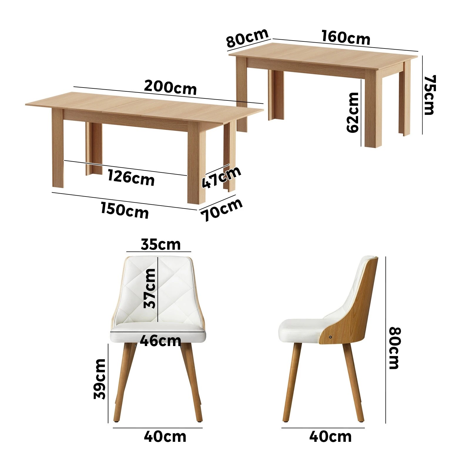 2 Oikiture 200cm Extendable Dining Table with 6PCS Dining Chairs PU Leather - Multi, 2 of 9