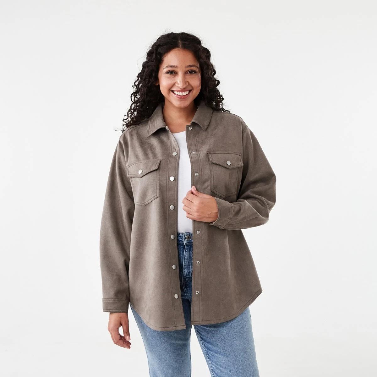 1 Long Sleeve Suedette Shirt Taupe Brn, 1 of 8