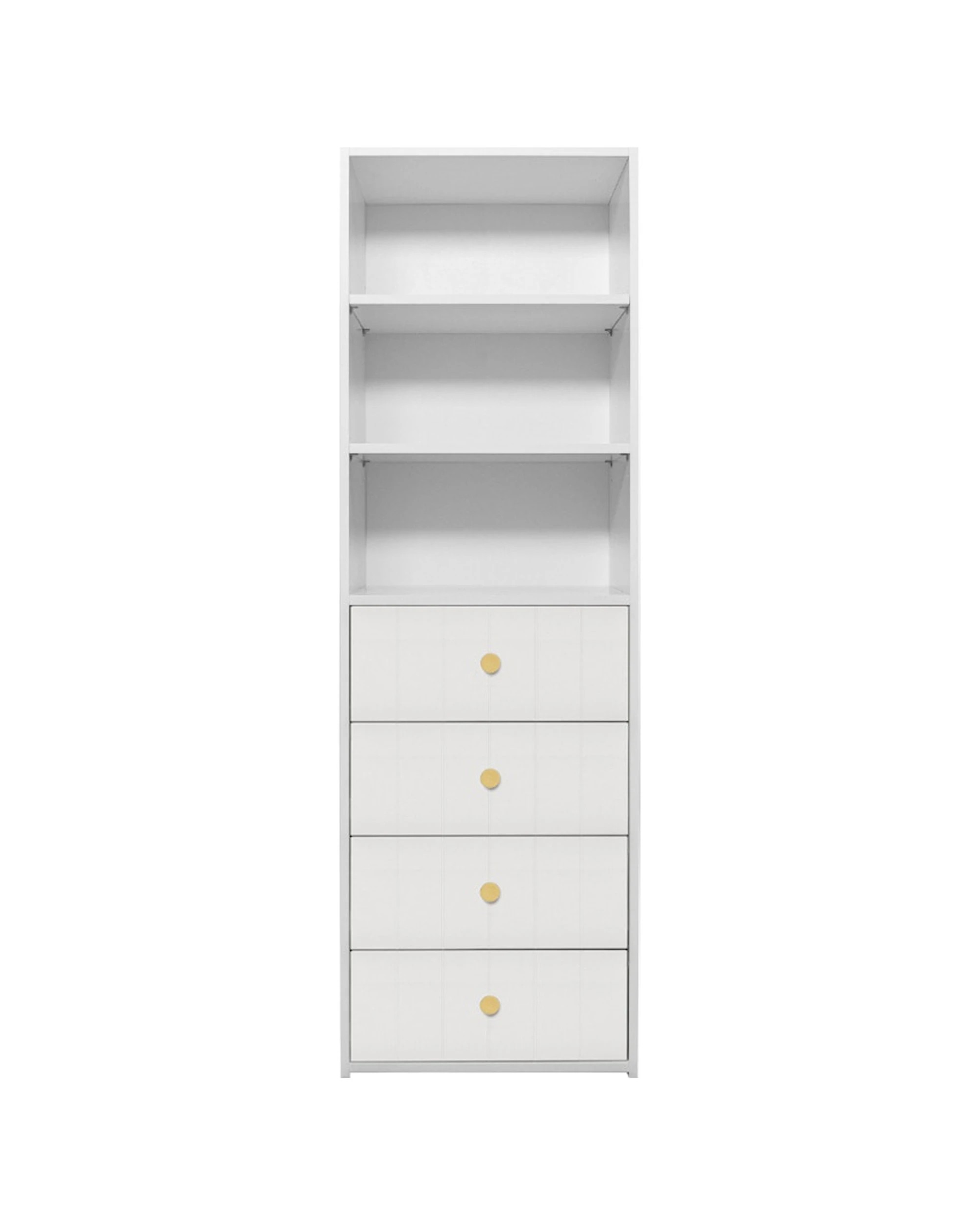 1 European Cabinetry Geneva 3 Shelf 4 Drawer Built In Wardrobe VJ Panel Brass Round Handle - White, 1 of 3
